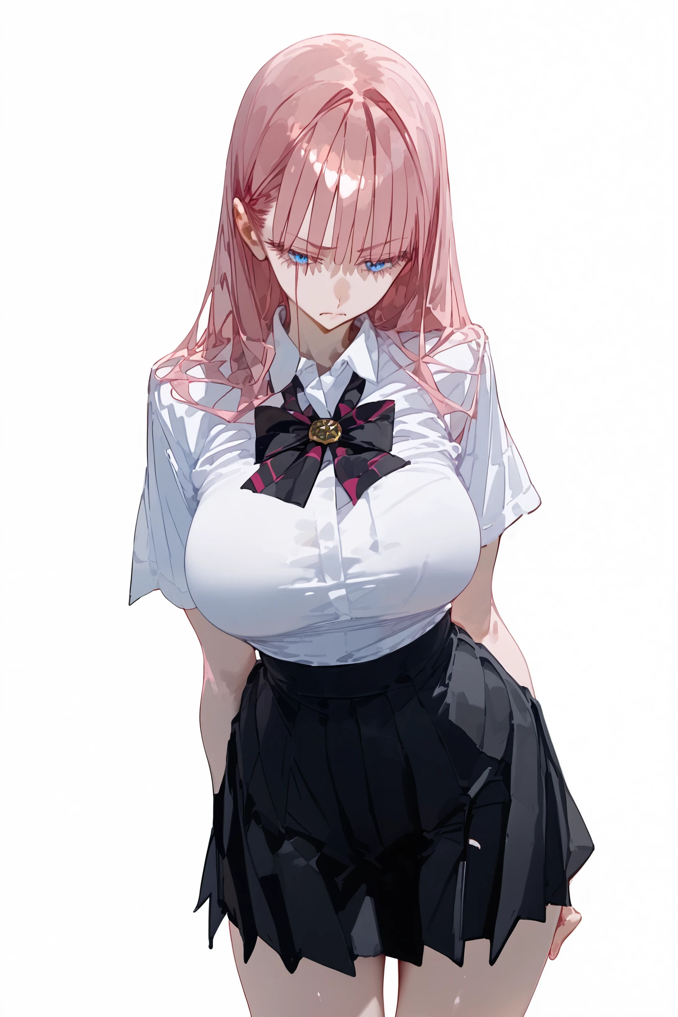 (masterpiece, best quality), 1girl, standing, raised hip, hand between legs, head tilted, sideways glance, break half-closed eyes, stoic, looking down, light frown, break 17yo, huge long breasts, (beautiful pink hair, long hair), (sharp blue eyes, detailed eyes), school uniform (tight white shirt, black skirt, ribbon), (white background, simple background)