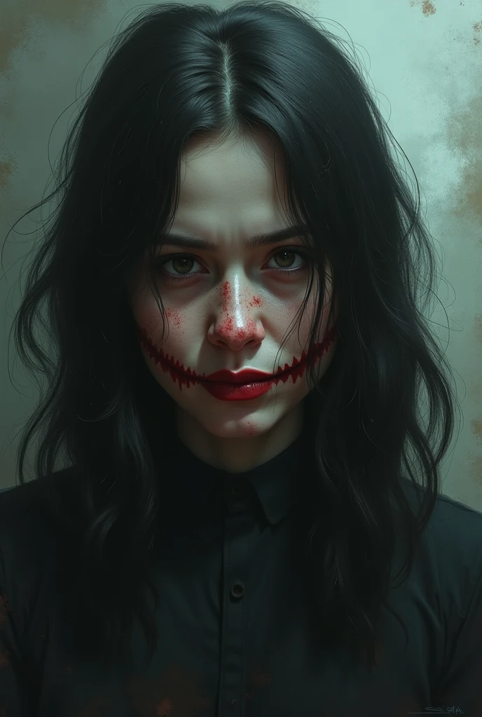 a painting of a half-bodied woman with a blank stare, her face pale, and thick black blood flowing from her eyes. His lips curved in a very scary smile, dressed all in black to the point of frightening anyone who saw him