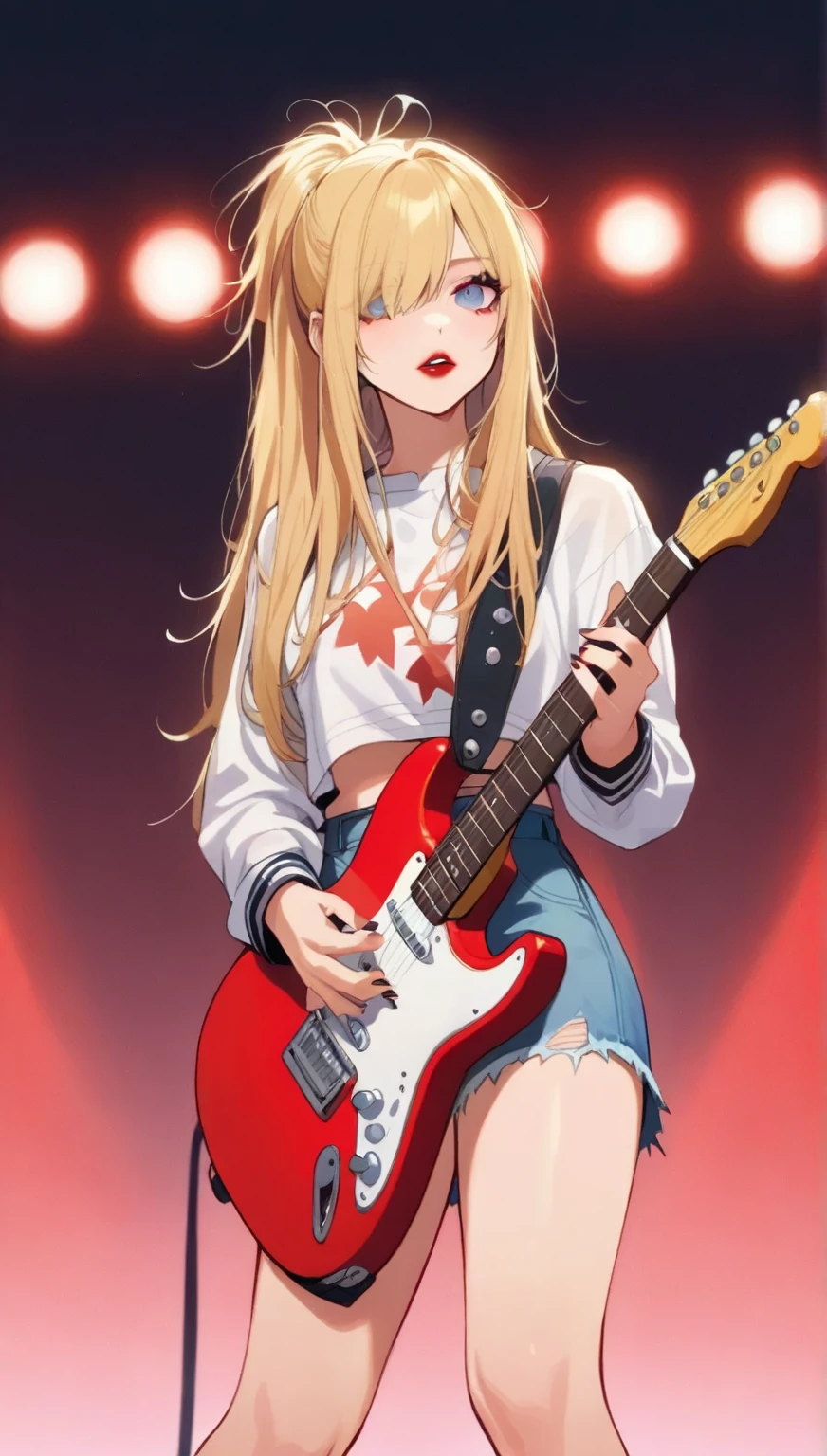 A young Japanese woman.
Long, straight blonde hair with long locks over her eyes and a small ponytail at the back.
his eyes are light blue.
She wears heavy makeup that highlights her eye color.
Soft red lipstick.
She wears a 90s Grunge style outfit, a long-sleeved white blouse with blue stripes, a ripped denim mini skirt and black allstar sneakers with ankle-length socks.
She is playing a red fender guitar.
She is facing the camera in an elegant and dynamic pose.
The scene is a stage.