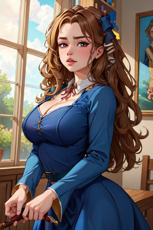 Beautiful Woman, Old West School Teacher, Full Lips, Auburn Hair Intricately But Loosely Braided. Deep_cleavage, Massive Chest. Detailed Beautiful Eyes, Pencil-Thin Waist, Wide Hips. Historically Accurate 1870s Old-West Frontier Dress. With Books. Gorgeous Smile, HourGlass Figure, Official Art, Award Winning Digital Painting, Digital Illustration, Extreme Detail, 4k, Ultra Hd, Rococo, Polished, Intricate, Realistic Fantasy Art, Sharp Focus, Concept Art, Art By Wlop, Artgerm, (2d Vector Illustration) Stunning Combination Miranda Cosgrove
