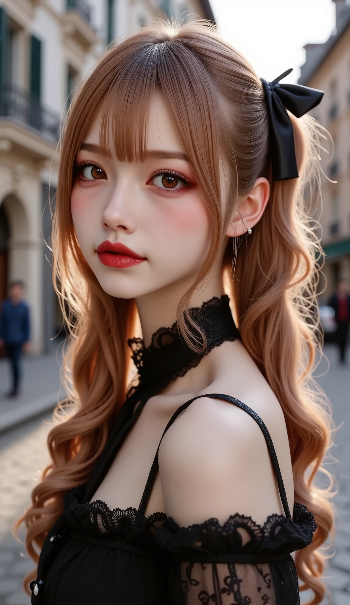  [Style: - "8k, masterpiece, realistic, Photorealistic realism, Hyper high resolution" - "highest quality, intricate ultra-detailed digital art"] (Key Directive: - "The priority is the anatomical accuracy and texture of the materials" - "Ultra-sharp human eyes with biological accuracy") {Character: "a beautiful girl, [Rosé from blackpink((firm and full breasts))]" | Face: "full lips, red lipstick, intense gaze" | Eyes: - "((sharp focus, no blurry eyes, Hyper absurd quality, Hyper details, Hyper realistic brown eyes:1.4))" - "((extra narrow eyebrows))" - "(Carefully draw Long blue_mascara:1.2)" - "(perfect round eyes)" | Hair: "long hair, red hair, curls at the ends of the hair, hair above one eye,((long combed to the side))" | Pose: "elegant pose" Outfit: [Top: "modest {PVC BDSM erotic ta costume}, (see-thru PVC:1.35)" | lace: "((Rose flower))" | (Boots: "Black Long(laced)"] Environment: "street, European Buildings" Lighting: "studio lighting, monochromatic, striking contrast, dramatic shadows" (Rendering engine: "Unreal Engine 5 path tracing, 16K texture maps") | The ultra-Highres,Unreal 5,Subsurface scattering,PBR Texturing,Post-Processing,Anisotropic Filtering,depth of fields,Maximum Sharpness and Sharpness,multi-layered texture,Albedo and Specular maps,Surface Shading,Precise simulation of light-material interactions,perfectly proportions,Octane rendering,Two-tone illumination,Wide Aperture, low ISO, white balance, The rule of thirds