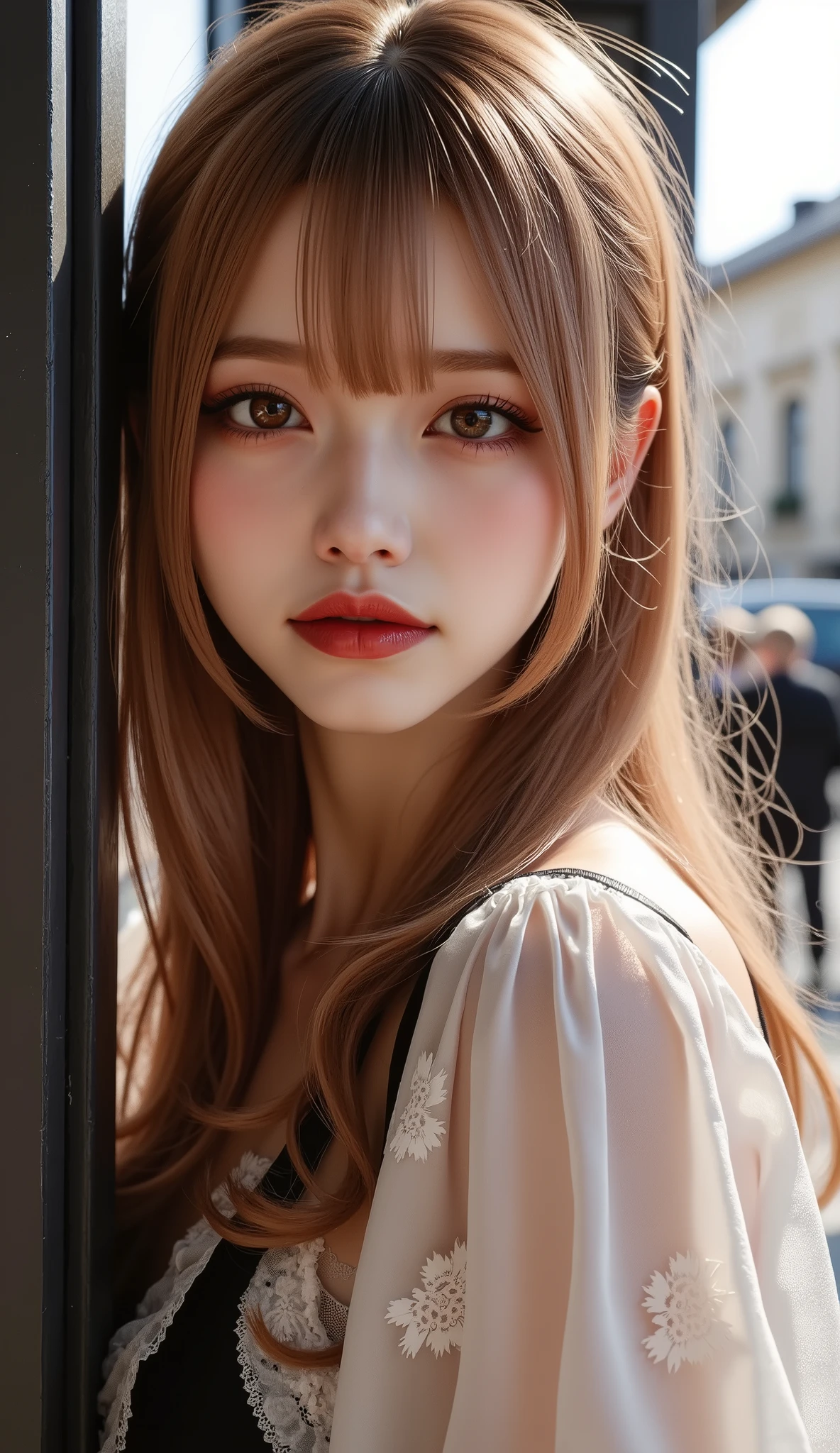  [Style: - "8k, masterpiece, realistic, Photorealistic realism, Hyper high resolution" - "highest quality, intricate ultra-detailed digital art"] (Key Directive: - "The priority is the anatomical accuracy and texture of the materials" - "Ultra-sharp human eyes with biological accuracy") {Character: "a beautiful girl, [Rosé from blackpink((firm and full breasts))]" | Face: "full lips, red lipstick, intense gaze" | Eyes: - "((sharp focus, no blurry eyes, Hyper absurd quality, Hyper details, Hyper realistic brown eyes:1.4))" - "((extra narrow eyebrows))" - "(Carefully draw Long blue_mascara:1.2)" - "(perfect round eyes)" | Hair: "long hair, red hair, curls at the ends of the hair, hair above one eye,((long combed to the side))" | Pose: "elegant pose" Outfit: [Top: "modest {PVC BDSM erotic ta costume}, (see-thru PVC:1.35)" | lace: "((Rose flower))" | (Boots: "Black Long(laced)"] Environment: "street, European Buildings" Lighting: "studio lighting, monochromatic, striking contrast, dramatic shadows" (Rendering engine: "Unreal Engine 5 path tracing, 16K texture maps") | The ultra-Highres,Unreal 5,Subsurface scattering,PBR Texturing,Post-Processing,Anisotropic Filtering,depth of fields,Maximum Sharpness and Sharpness,multi-layered texture,Albedo and Specular maps,Surface Shading,Precise simulation of light-material interactions,perfectly proportions,Octane rendering,Two-tone illumination,Wide Aperture, low ISO, white balance, The rule of thirds