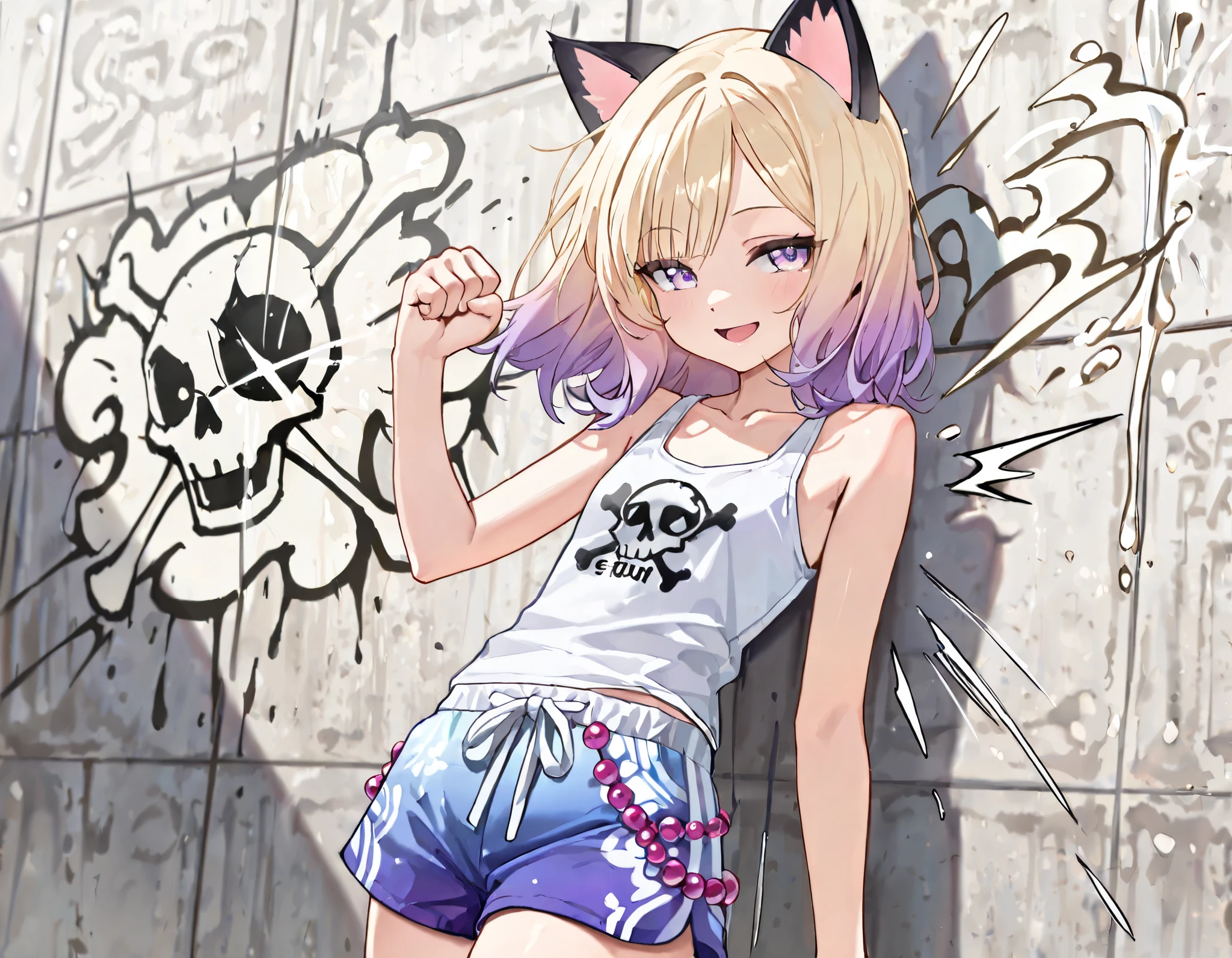 ((Masterpiece)), ((best quality)), (8K), ((portrait, cowboy shot)), (detailed background:1.2), (super detail:1.2),(High Definition:1.3), (Professional Photography:1.2), (very aesthetic:1.2), (absurdres:1.2), (sharp focus), ((1girl)), (cute young girl), Textured skin, (seductive smile, :d), (pale purple eyes, gradient eyes, looking at side), Beautiful collarbone, (Healthy Gaunt body), ((put on cat ears)), (small breast), (Asymmetrical long bangs), unruly hair, medium hair, ((beautiful blond hair, gradient hair, pink color Hair Tip)), (cute cheeks), glossy lips, pouty lips, (lower eyelashes), BREAK, Motion blur, speed lines, air flow, sudden stop, streamline, wind effect, (tanktop writing skull, fancy tanktop), (fur shorts, indigo blue color shorts), embroidered with gold beads, silk sarong, ((punching at wall, knuckle up, fast motion, splash effect)), (leaning back), ((fighting pse, Standing against the old wall)), sunnyday, painting of crescent graffiti,