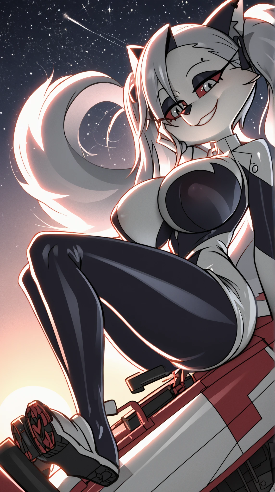 1girl, solo, Fujido Oriko, blacked underwear, black thighhighs, blue eyes, blunt bangs, breasts, cowboy shot, drill hair, fang, large breasts, long hair, looking at viewer, looking back, embarrassed, purple hair, white hair, standing, giant among buildings, taller than a skyscraper,