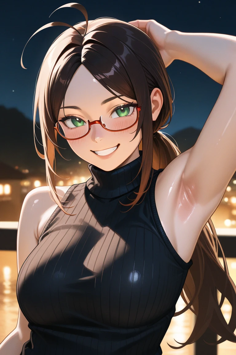[AiPonyAnime:100], 
pov, (face focus:1.0), close-up, 1woman, 
medium breasts, (black hair, medium hair, wavy hair), green eyes, 
mechanic, hairclip, circle glasses, 
smile, blush, heavy breathing, grin, 
parking lot,