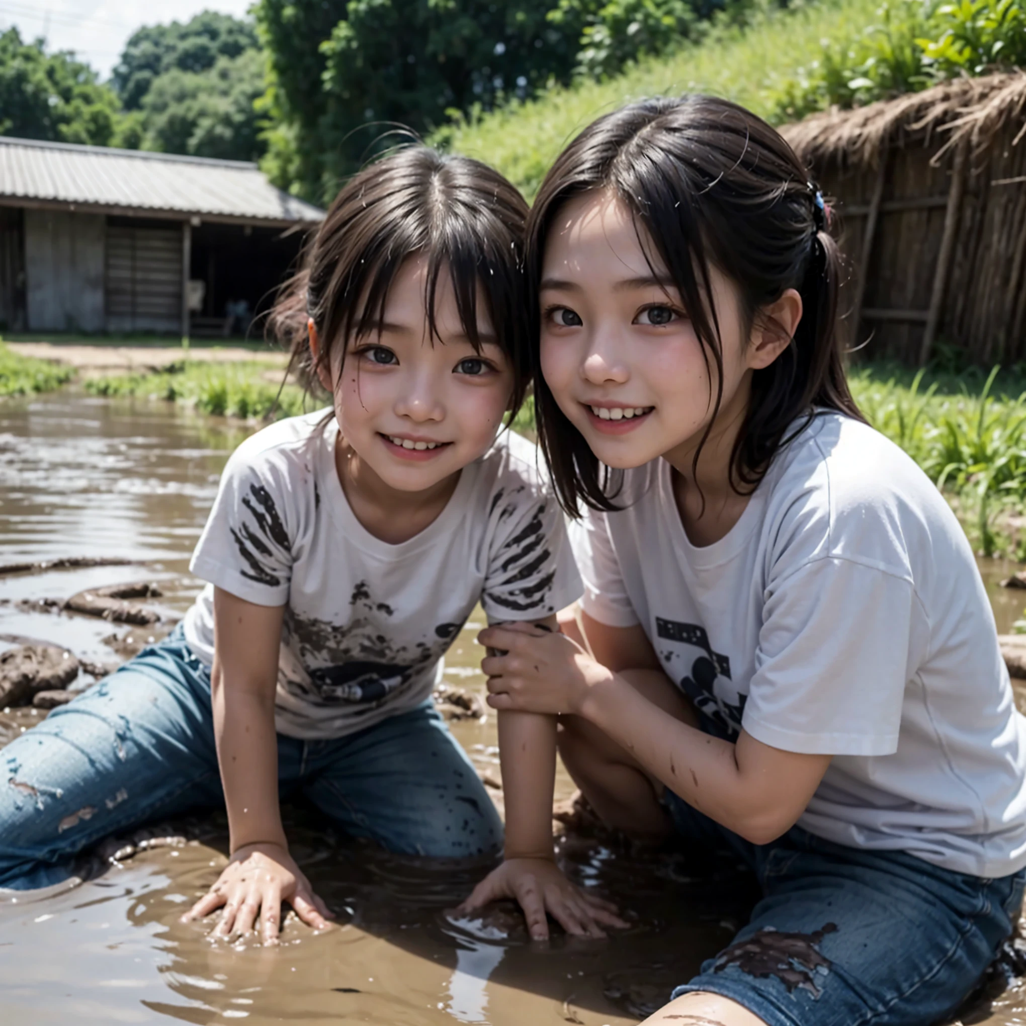 Sunny cute little girl（Younger sister），younge boy（Brother's），bucket-hat，happy laughing，White，rice paddy，and the sun was shining brightly，Rice fields，chase，scalper，watermills。