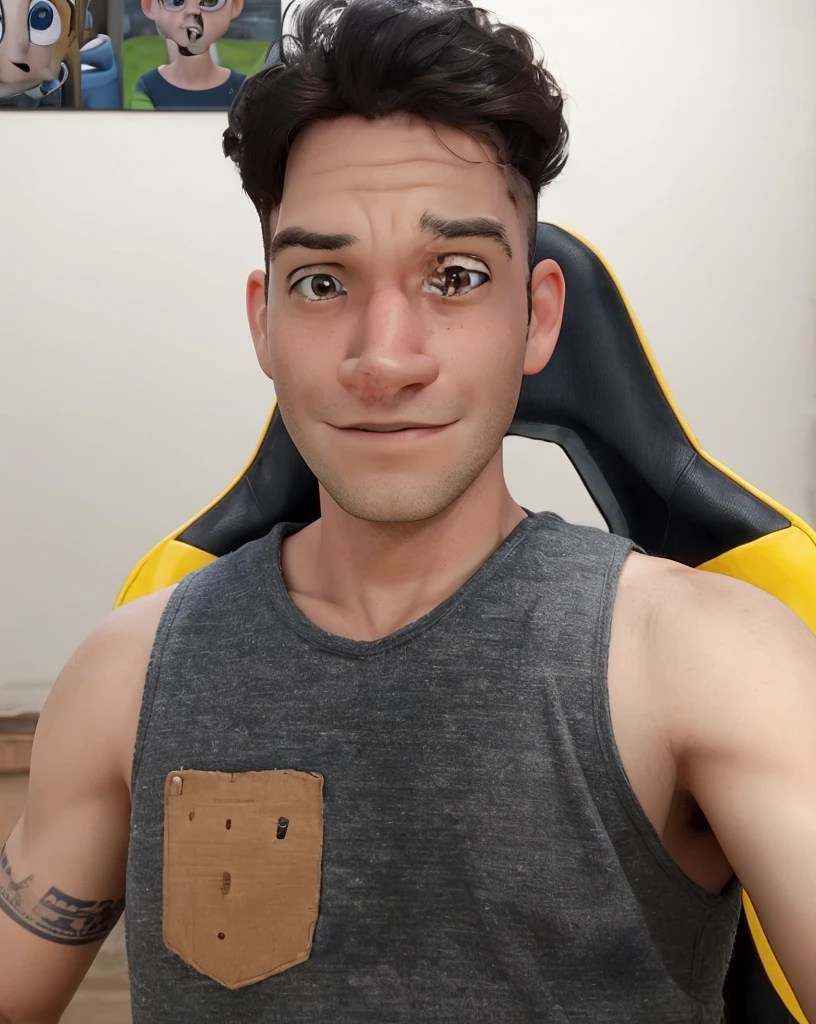 Best quality: 1.0), (Super High Resolution: 1.0), Anime boy, short black hair, sitting in front of the computer playing games, background in the esports room,