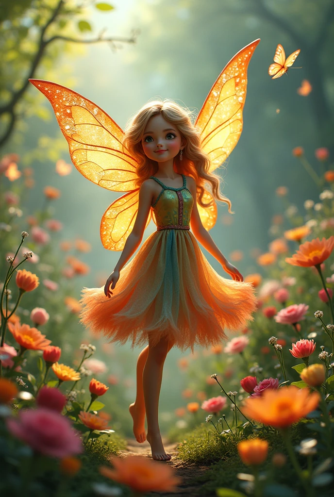 In Cinematic 3d cartoon style"a magical angels with yellow and pink colour dress wearing, angels looking ager queen girl, angels existing in the shade of trees, hight of angel is small as compared to the tree,in the background of angels few butterfly, the wings of angels are very beautiful, season is spring,in morning with sunrise.