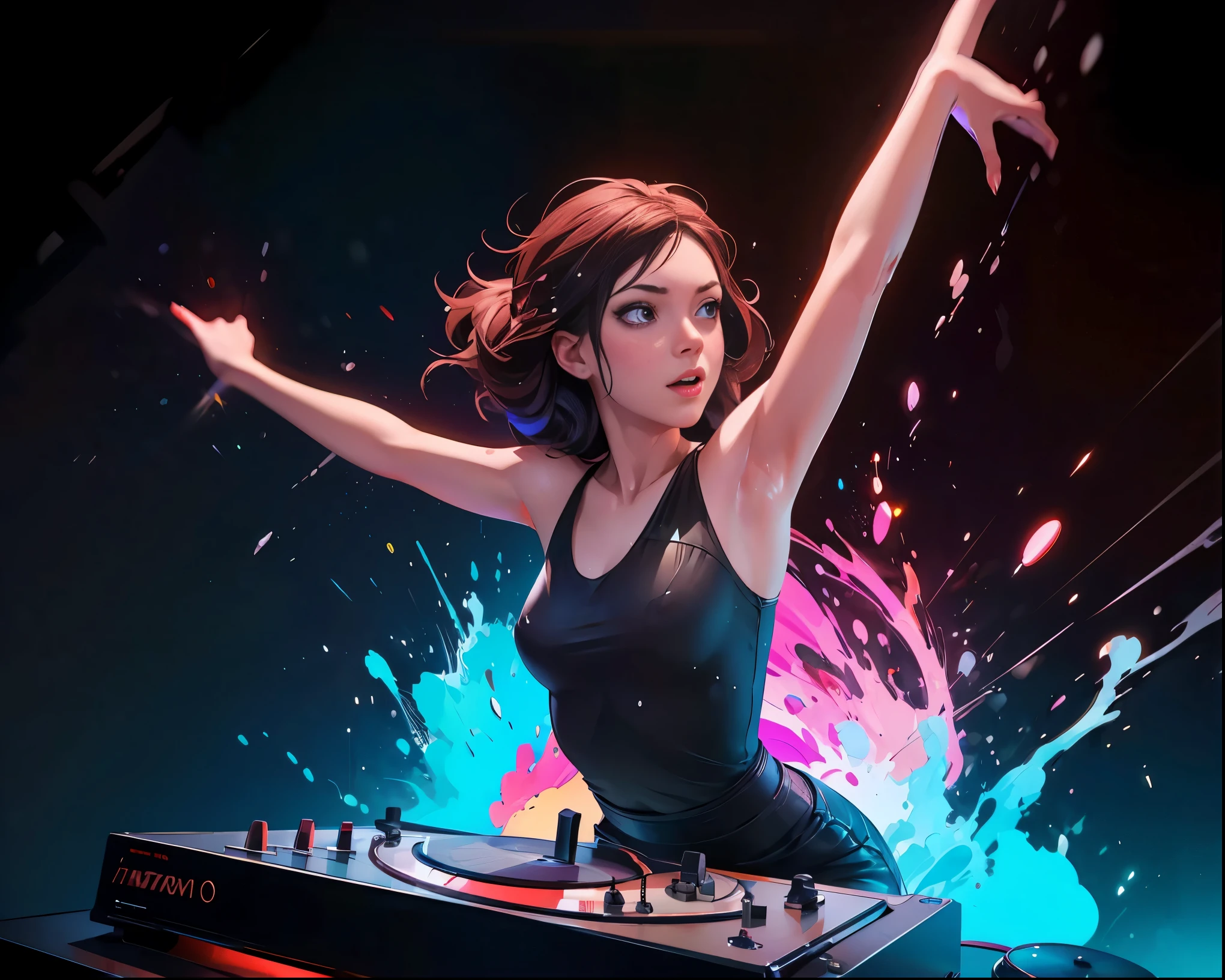 Anime-Series, girl_band, 3 girl sexy tanzpose, Jumping on a record player, Mixing desk , techno, dance, CLUBMUSIC, splash, photorealistic 8k, professional, high resolution, ultra detailed, physically-based renders, hdr, studio lighting, vivid colors, bokeh, fantasy, pop-art, oil, ultrafine painting, captivating atmosphere, nightlife, sunlight, romantic, dynamic movement, graceful
