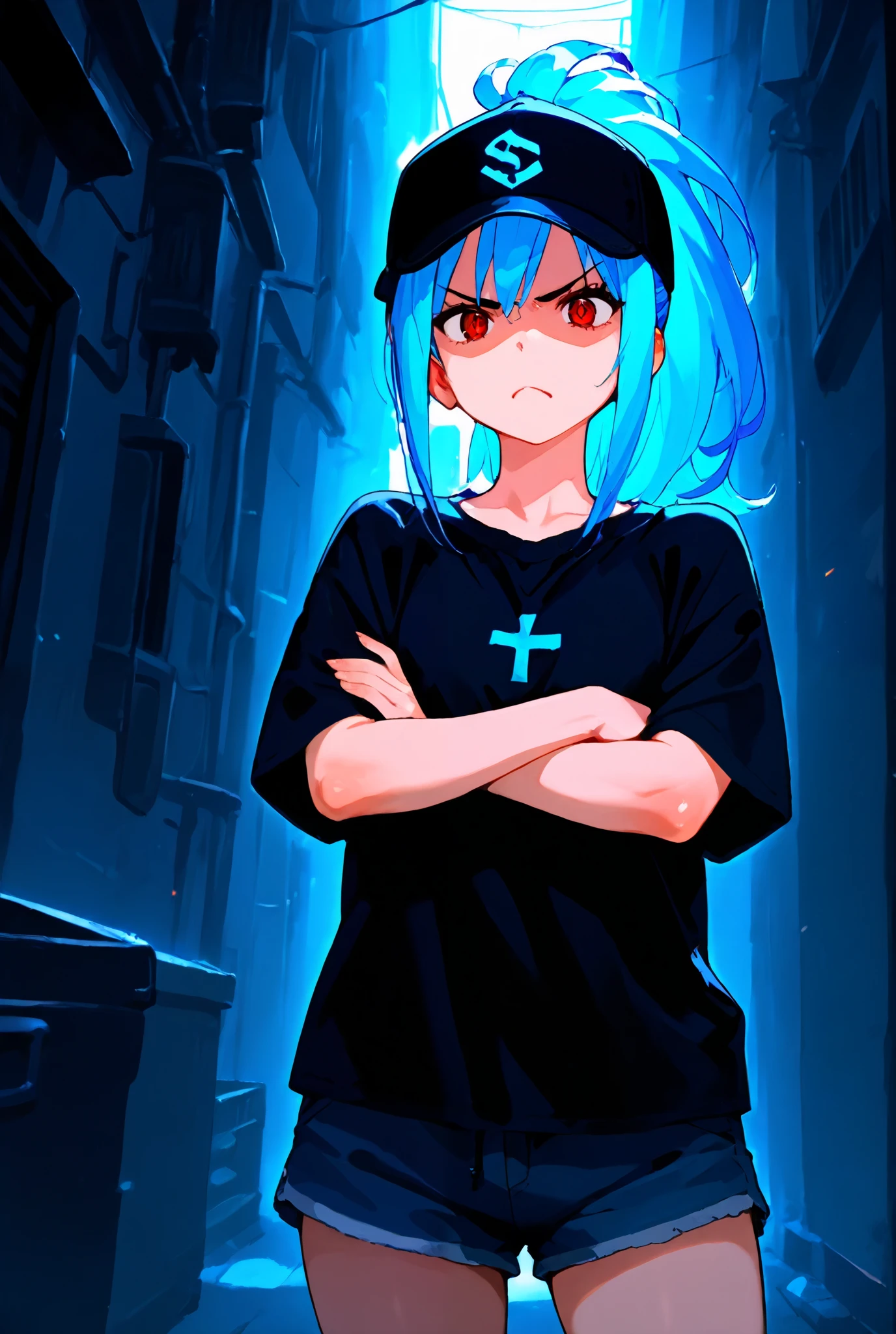 masterpiece, best quality, highest resolution,1 girl, solo, skyblue hair, long ponytail hair, red eyes,frown, black shirt, shorts, angry:0.5, alley street background, baseball cap, cross arms,