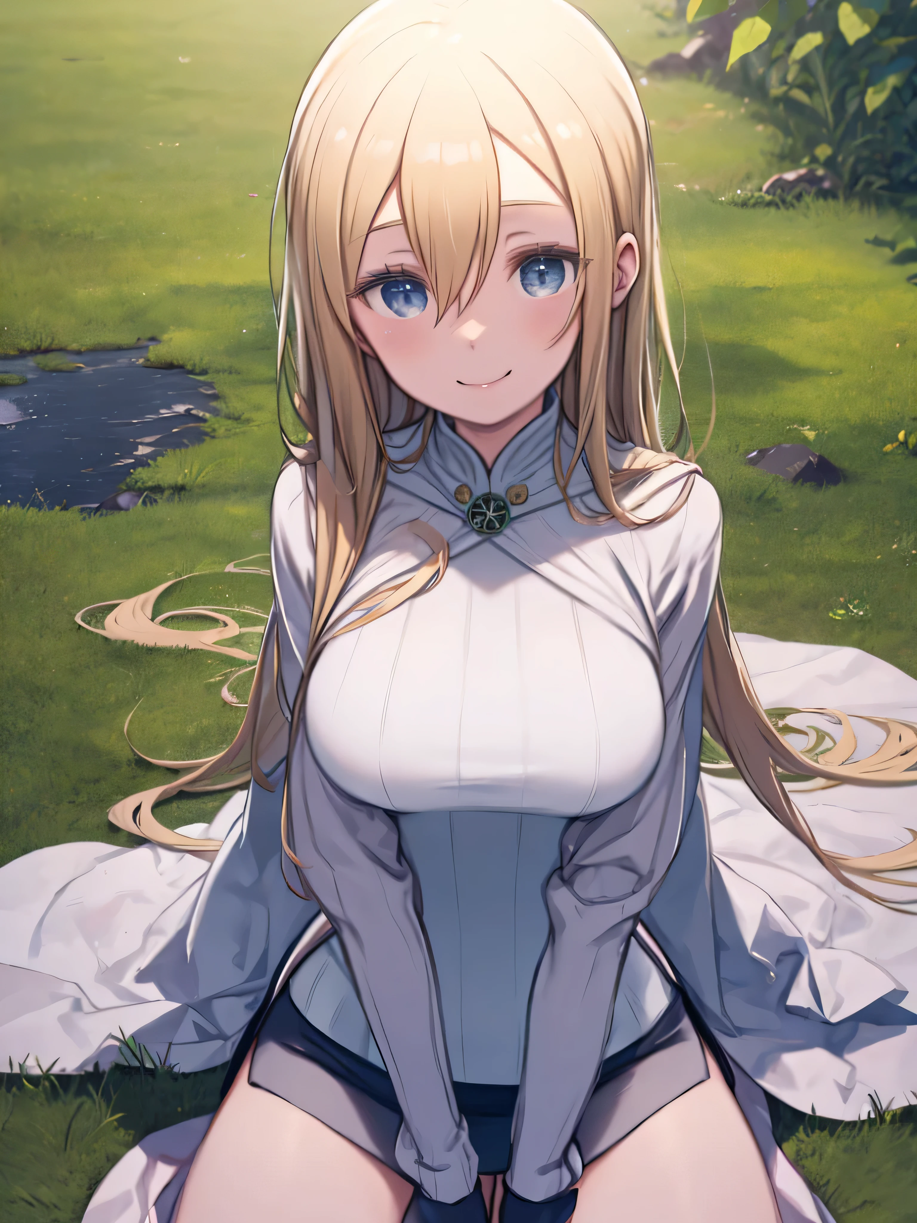 one woman、Big Breasts、upper body、smile、Thigh Gap、Blonde Hair、long hair、hair between eyes、Blue Eyes、mint green turtleneck sweater、Moss Green Pencil Skirt、 Put Your Hands Between Your Thighs、White Cape、