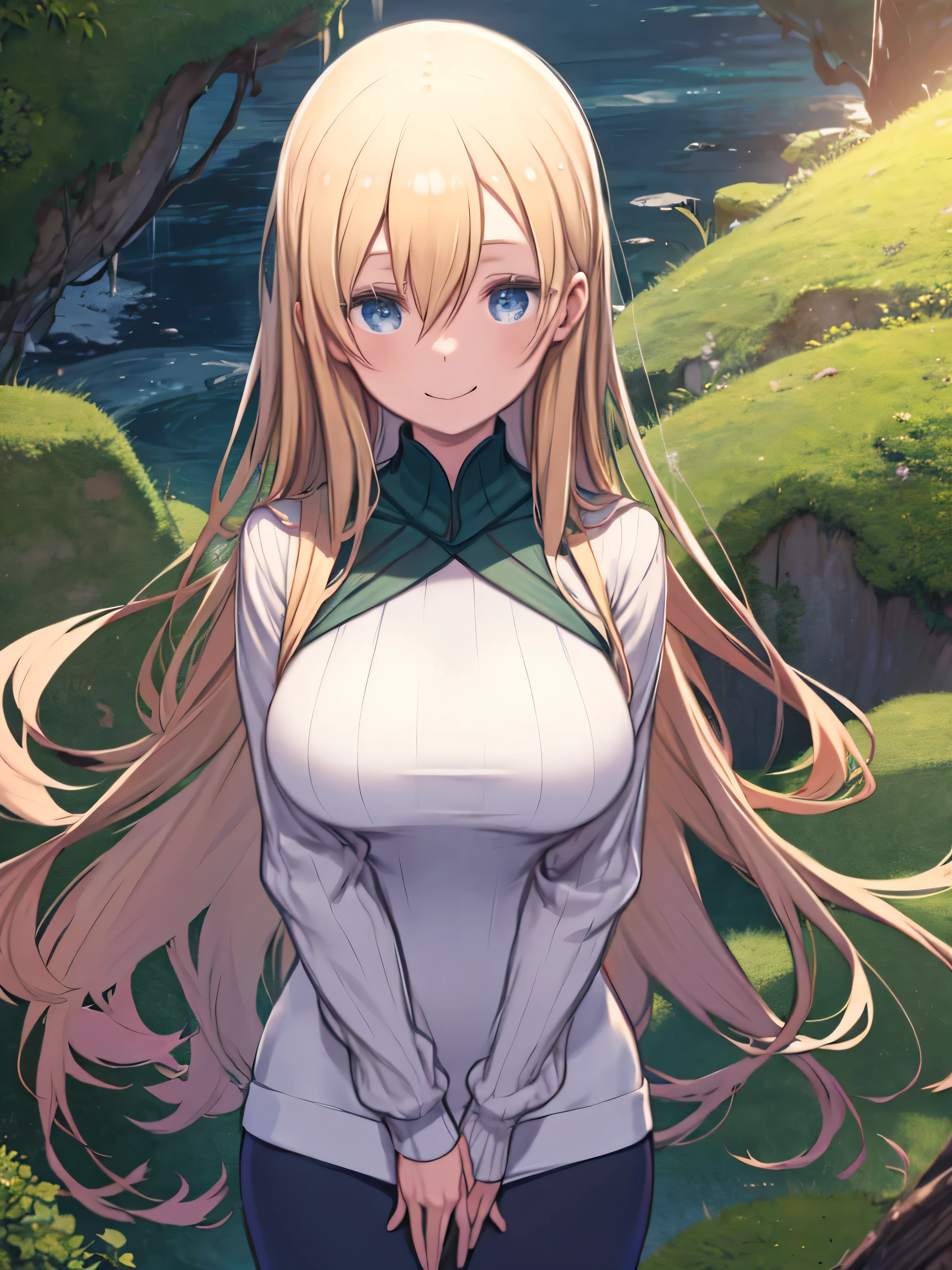 one woman、Big Breasts、upper body、smile、Thigh Gap、Blonde Hair、long hair、hair between eyes、Blue Eyes、mint green turtleneck sweater、Moss Green Pencil Skirt、 Put Your Hands Between Your Thighs、