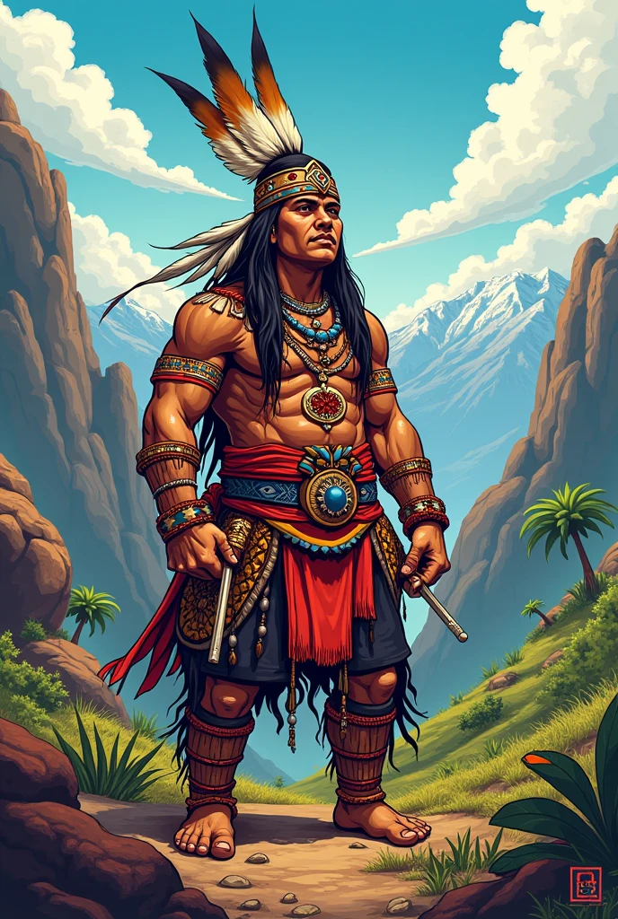 Igorot warrior in village, make it look like cartoon