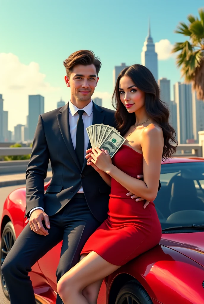 Rich man golds and money in hand,beautiful house and car in background,beautiful girl in his side wearing sexy dress