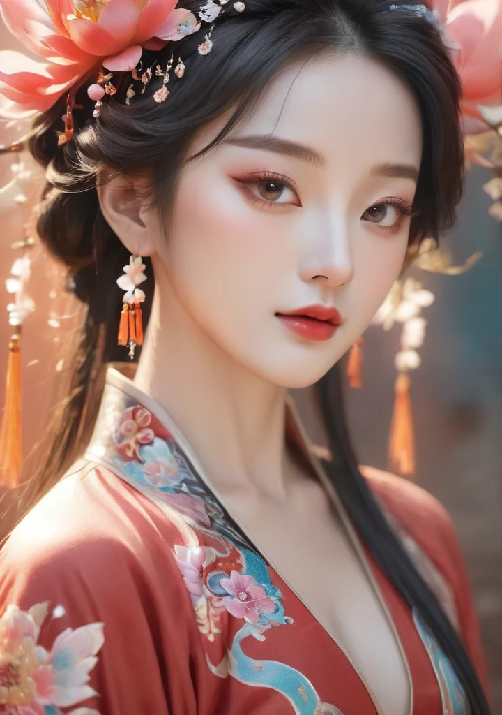 (((masterpiece))), (((best quality))), ((tangfengspabelle)), ((tattoo on forehead)), half body, solo, 1girl, collarbone, cleavage. ((big tits)), (((complex pattern chinese embroidery dudou))), ((long sleeves hanfu)), hairpin, necklace, <lora:tangfengspabelle:0.4>,