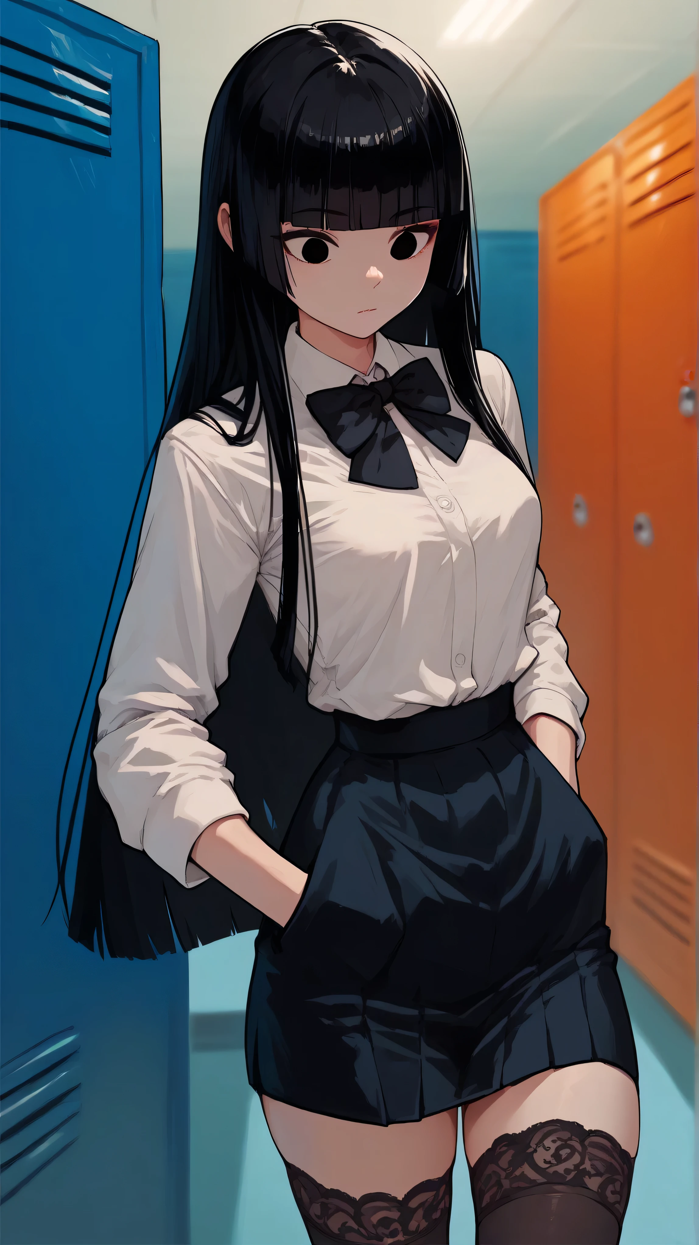 dark black hair, blunt bangs, long hair, hime cut, black eyes, cute korean girl,
small breasts, hyperhandles, white school uniform, long black pencil skirt, black lace stockings, black bowtie,
in locker room, cartoon style, (side pov), nonchalant, cheerful lighting, hands in pockets, looking at self