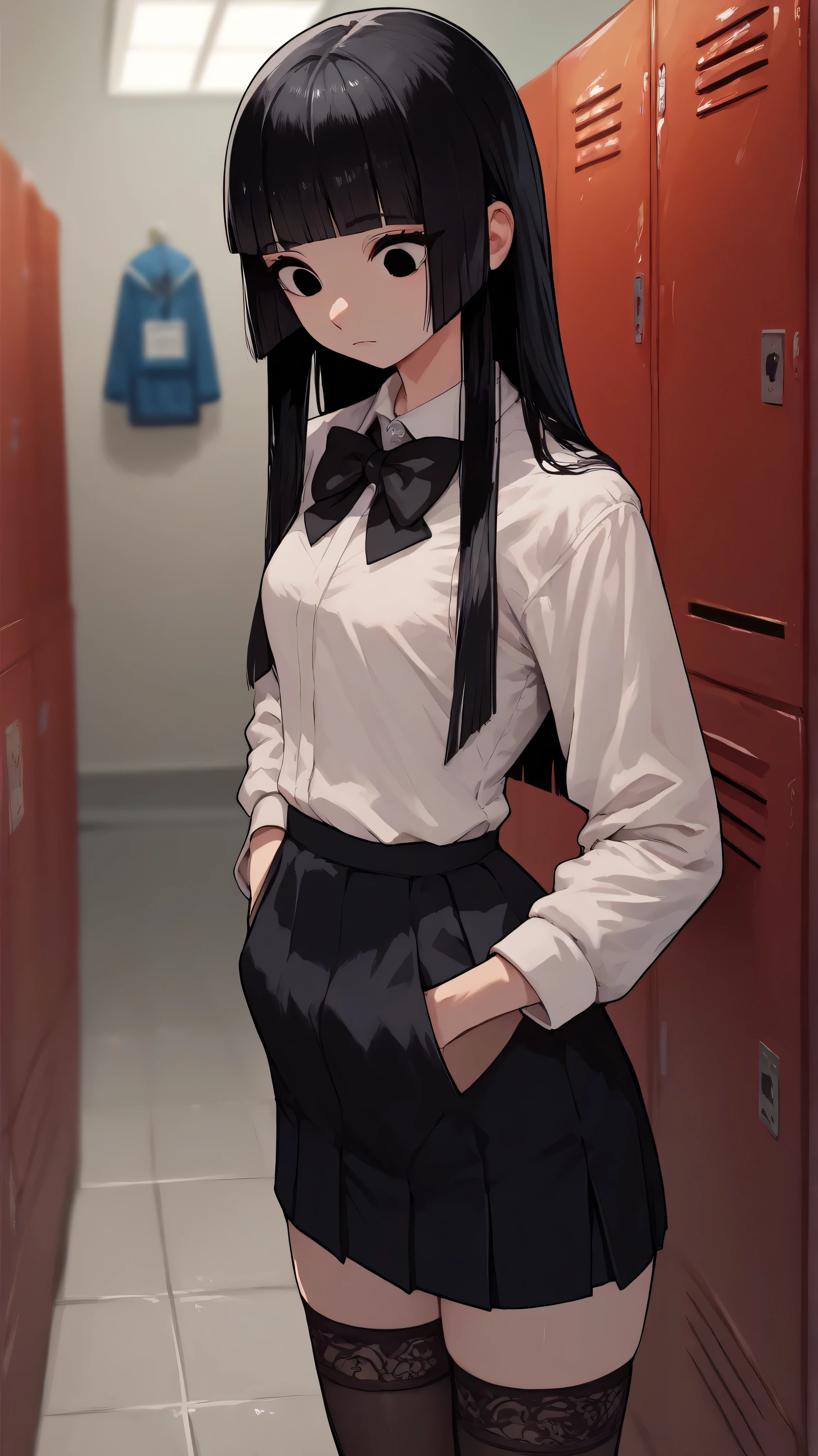 dark black hair, blunt bangs, long hair, hime cut, black eyes, cute korean girl, 

small breasts, hyperhandles, white school uniform, long black pencil skirt, black lace stockings, black bowtie,

in locker room, cartoon style, (side pov), nonchalant, cheerful lighting, hands in pockets, looking at self


