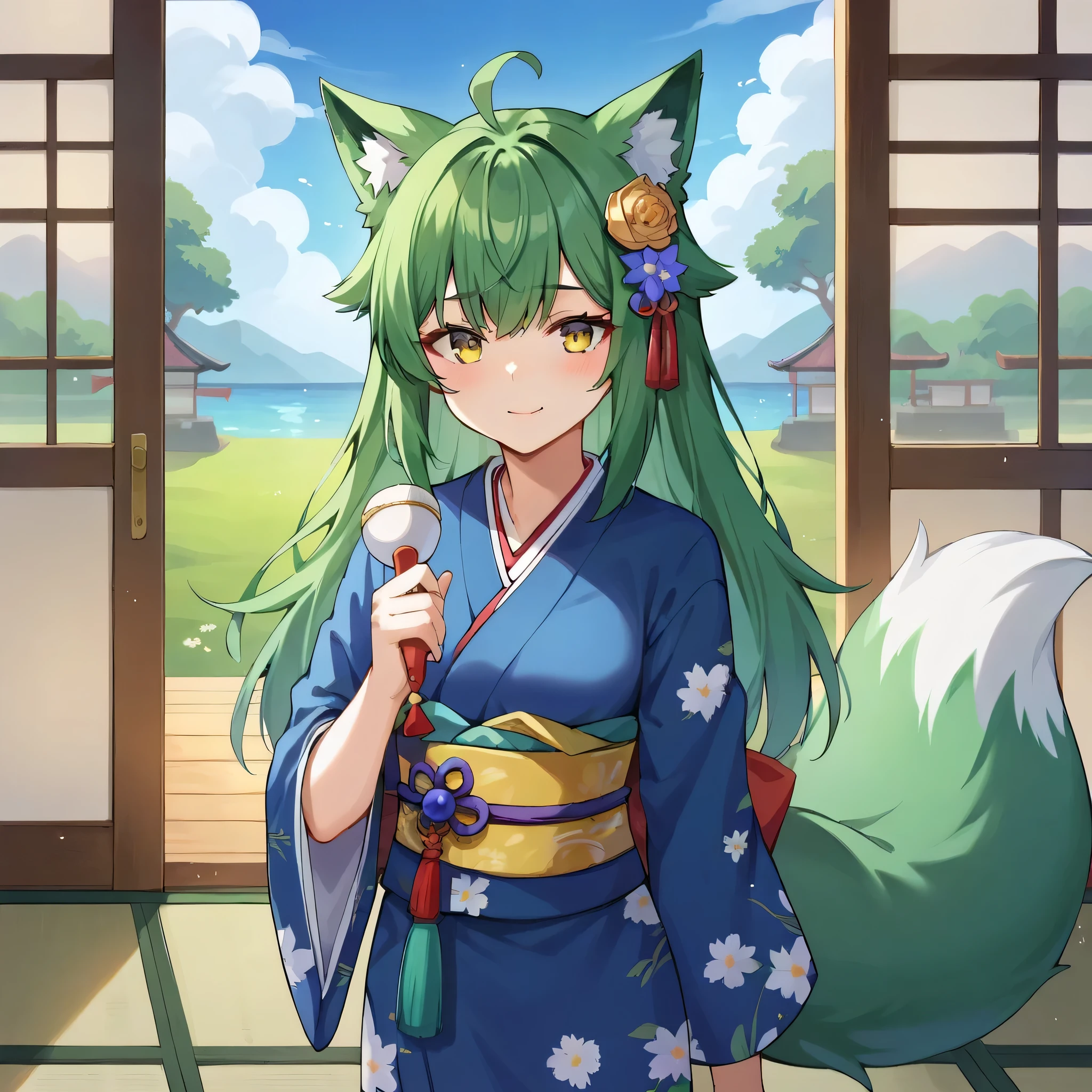3girls, solo, masterpiece, anime, indoors,japanese sanctuary, kimono clothes, black green hair, long hair, fox ears down, skunk tail, ahoge, hair flaps, mischievous smile, green yellow eyes, 1 girl, kimono outfit, , 1 girl, wilting flowers around