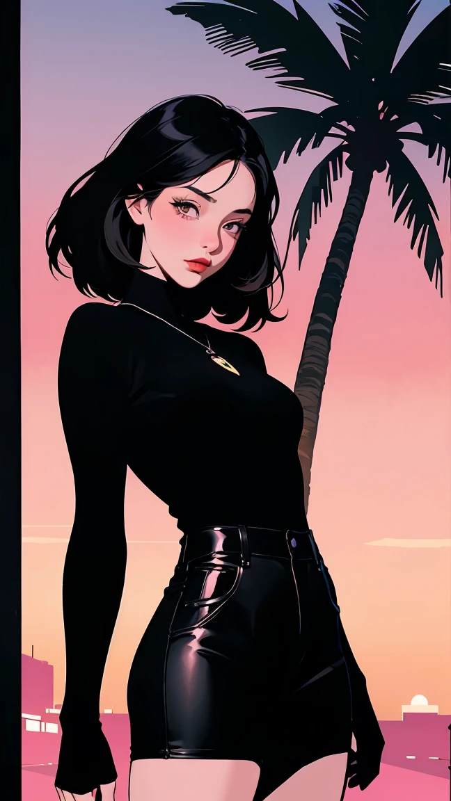 (GS-Boyish:1.5), retro femboy, otoko no ko, wearing black latex dress with a plunging neckline, low cut, (cloth bulge:1.0), (musclular:1.6), Miami, sunset, palm tree, 90's, (flat colors, flat texture, lineart:1.2), graphical design, (heavy ink, ink blacks),