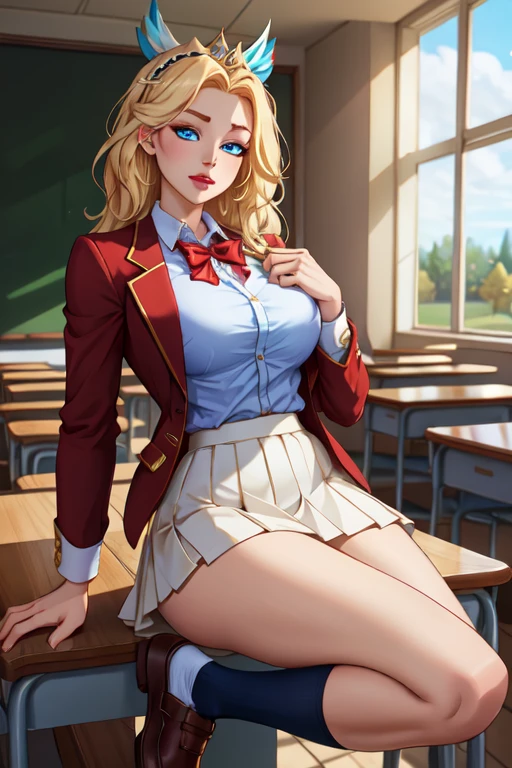 woman, ((Masterpiece, best quality)), full body view, bursting huge breasts, detailed skin, Anna from Frozen as a teacher, in class room, high heels, stockings, Elegant teacher outfit, over the knee skirt, highly detailed, cinematic lighting, ultra realistic, blush, looking at viewer, anna, anna from movie
