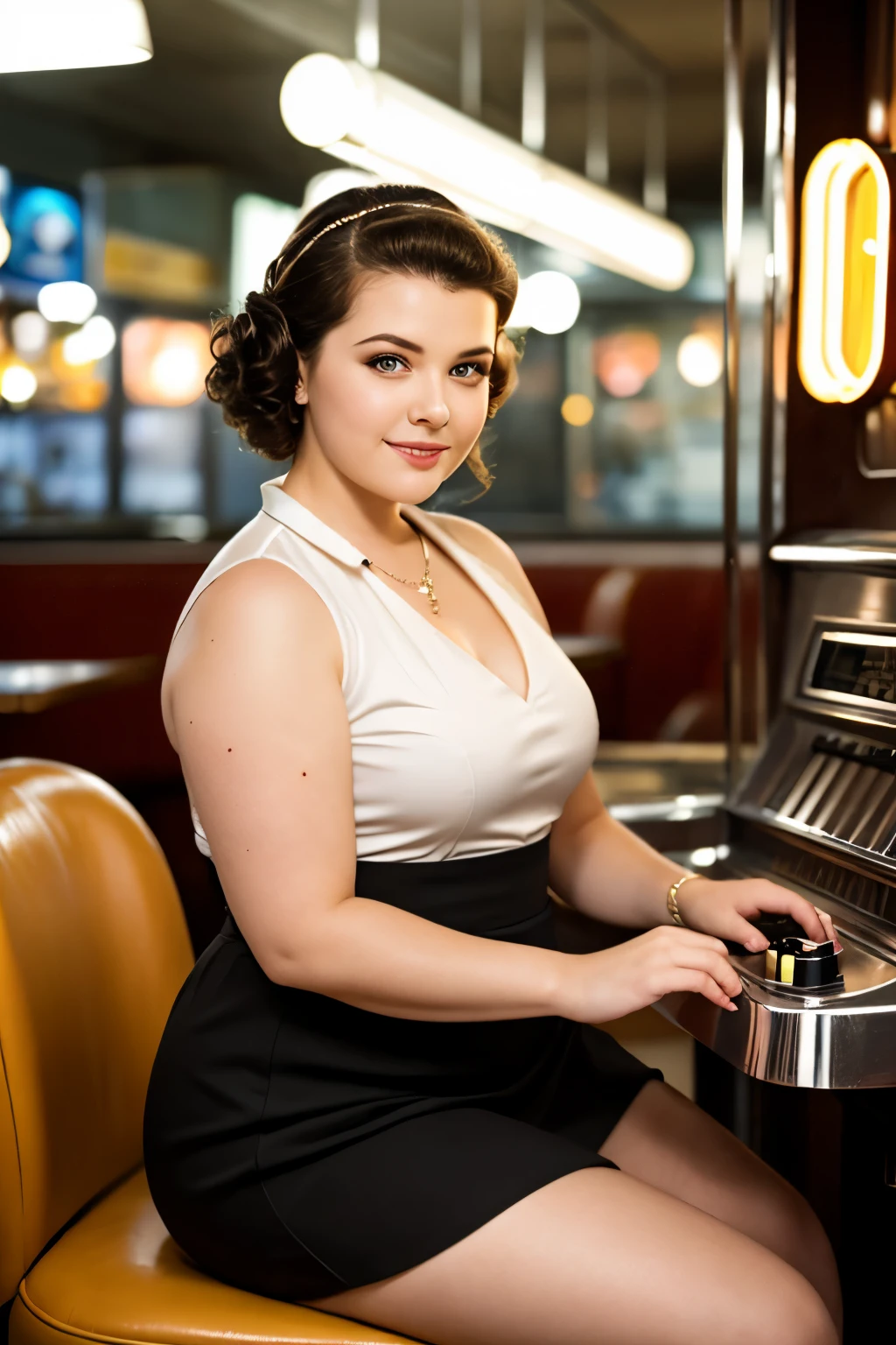 1chubby girl dressed in a 1950s-inspired dress, complete with a full skirt and petticoat, her hair styled in classic pin curls. She should be seated at an old-fashioned diner, surrounded by vintage details like a jukebox, chrome accents, and neon signs. Her eyes should be sparkling with excitement, her skin flawless and glowing under the soft, dramatic lighting. This scene should be captured on 35mm film, with a beautiful depth of field and a slightly blurry, nostalgic background,, filmg,