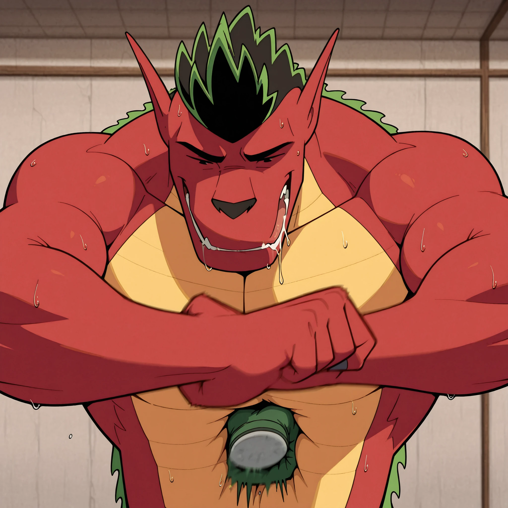 best quality, newest, absurdres, highres, (masterwork, masterpiece, best quality, hyper-detailed :1.3), 1boy, solo, j4k3, dragon boy, matured, adult, athletic, (heavyweight:1), broad shoulders, narrow waist, thick arms, black eyes, close up, spreaded arms, lifted arms, curled up, hanging over fist, exhausted, in pain, drooling, (sweaty), sweat:1, beaten, defeated, punched in the stomach, punched by floating transparent (fist), punching, motion_blur, belly punching