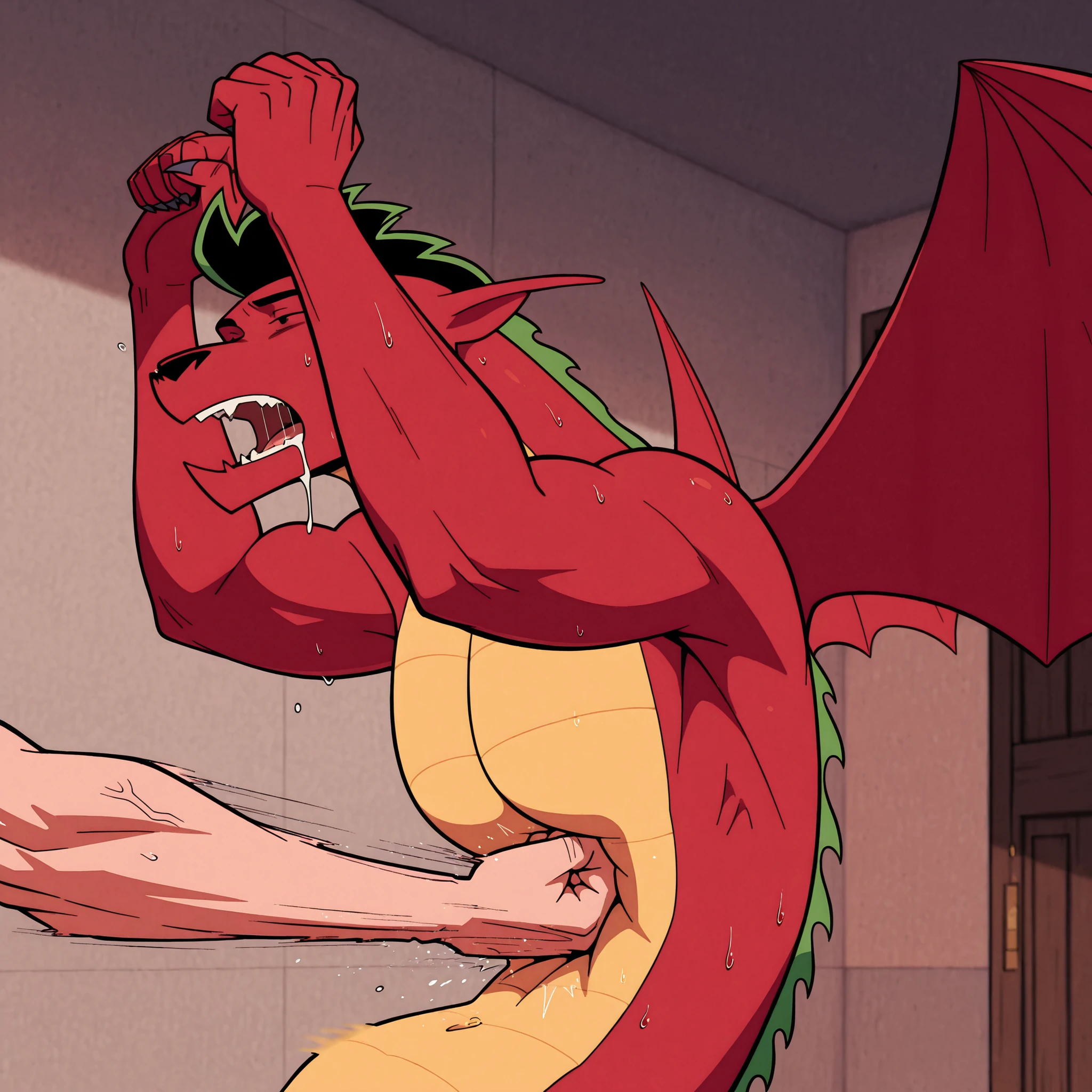 best quality, newest, absurdres, highres, (masterwork, masterpiece, best quality, hyper-detailed :1.3), 1boy, solo, j4k3, dragon boy, matured, adult, athletic, (heavyweight:1), broad shoulders, narrow waist, thick arms, black eyes, close up, spreaded arms, lifted arms, curled up, hanging over fist, exhausted, in pain, drooling, (sweaty), sweat:1, beaten, defeated, punched in the stomach, punched by floating transparent (fist), punching, motion_blur, belly punching