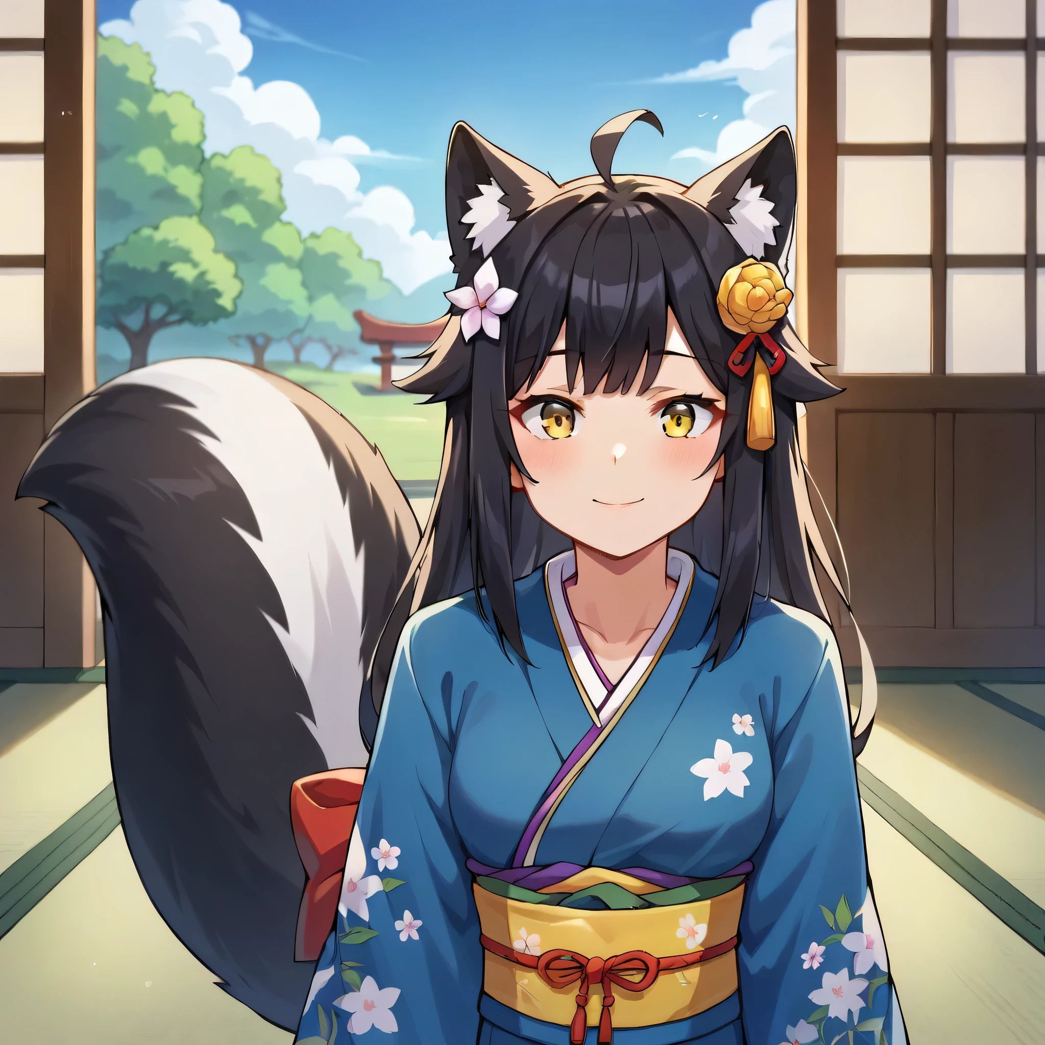 3girls, solo, masterpiece, anime, indoors,japanese sanctuary, kimono clothes,half black hair, long hair,clothespins on hair, skunk tail clothespins hair, fox ears down, skunk tail, ahoge, hair flaps, mischievous smile, green yellow eyes, 1 girl, kimono outfit, , 1 girl, wilting flowers around