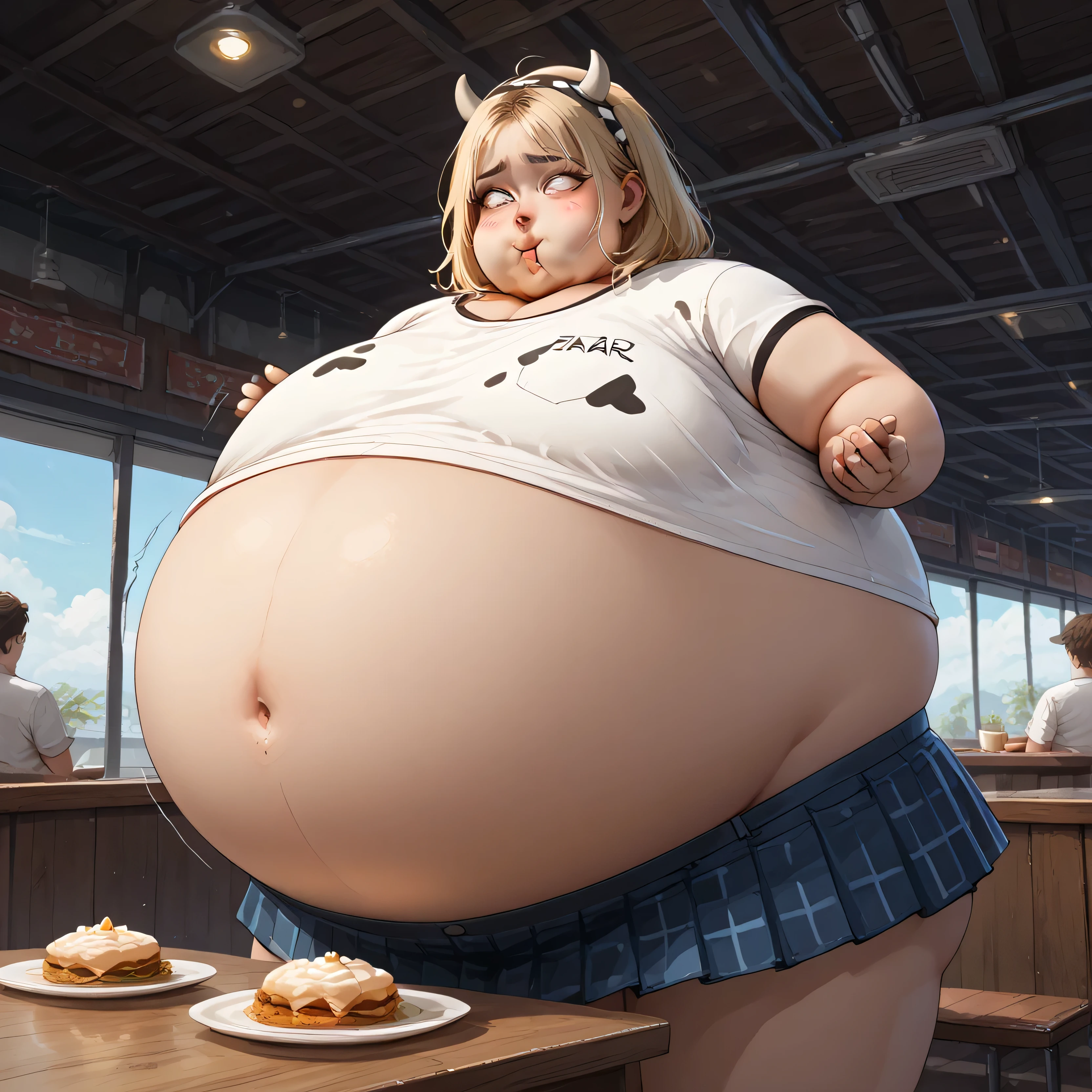 A hyper-realistic, ultra-detailed masterpiece featuring  One woman, her pants burst open and unzip because she is so full of food, (embarrassed emotions), (), belly overhang, stringy blonde hair, sitting in a restaurant, eaten food in foreground, wearing a mini skirt and a cow print camisole, ((heavy belly)), (bloated belly), ((low navel)) ((single navel)) . Aesthetic_PDXL, (under boob), (hands forcefully grabbing her belly) (head inflation), (from the side), (puffed face, puffed cheeks:1.2) (pale belly), (puffed eyes:1.1) (balloon body:1.3)