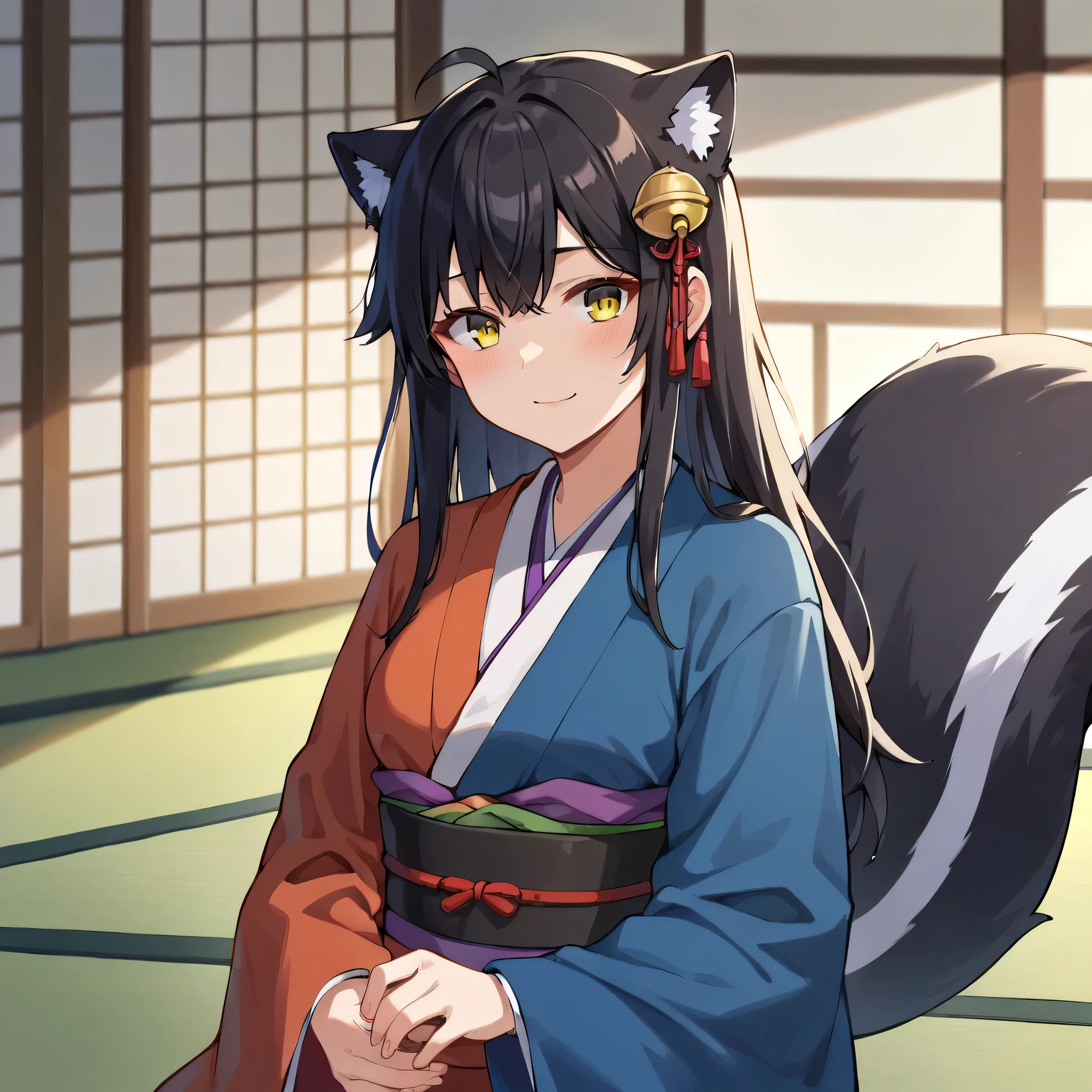 3girls, solo, masterpiece, anime, indoors,japanese sanctuary, kimono clothes,half black hair, long hair,clothespins on hair, skunk tail clothespins hair, fox ears down, skunk tail, ahoge, hair flaps, mischievous smile, green yellow eyes, 1 girl, kimono outfit, , 1 girl, wilting flowers around