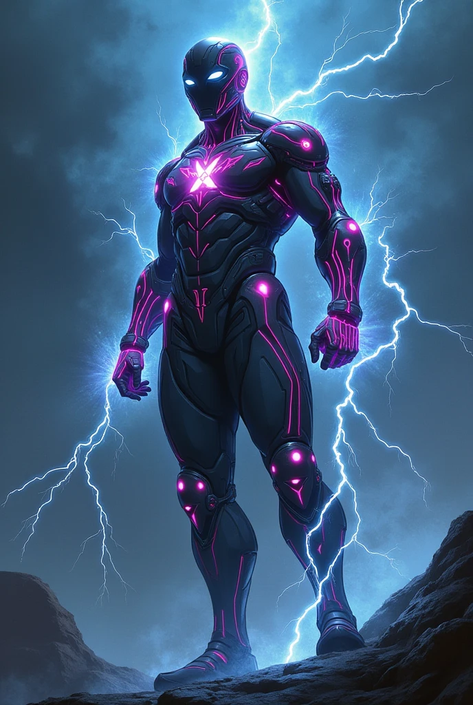 Plasma inspired character with a body filled with electricity on him plasma arms A muscular plasma body filled with electricity glowing purple purple tinted with dark blue on him a white plasma gun decorated with gray with purple with an electricity tank on the gun a plasma head with black and purple eyes plasma hair filled with purple electricity and a dangerous fighter side
