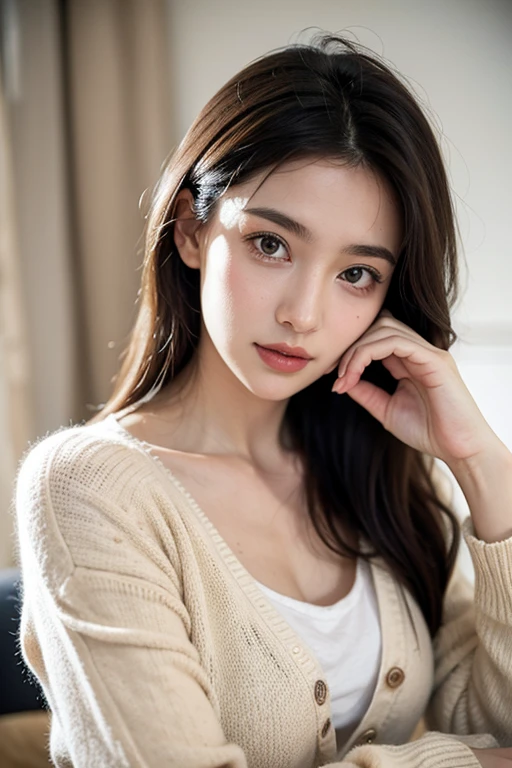 (One girl), (Round eyes:1.2), (Very detailed顔と目), smile, Great face and eyes, (shirt:1.3), Cleavage, (Highest quality:1.4), (Super detailed), (Very detailed CG 統合 8k 壁紙), Very detailed, High-resolution RAW color photos, Professional photography, Realistic portraits, Great face and eyes, indoor, office, (office lady, casual:1.3), (Moments of relaxation), model, Depth of written boundary, (Beautiful Face:1.2),