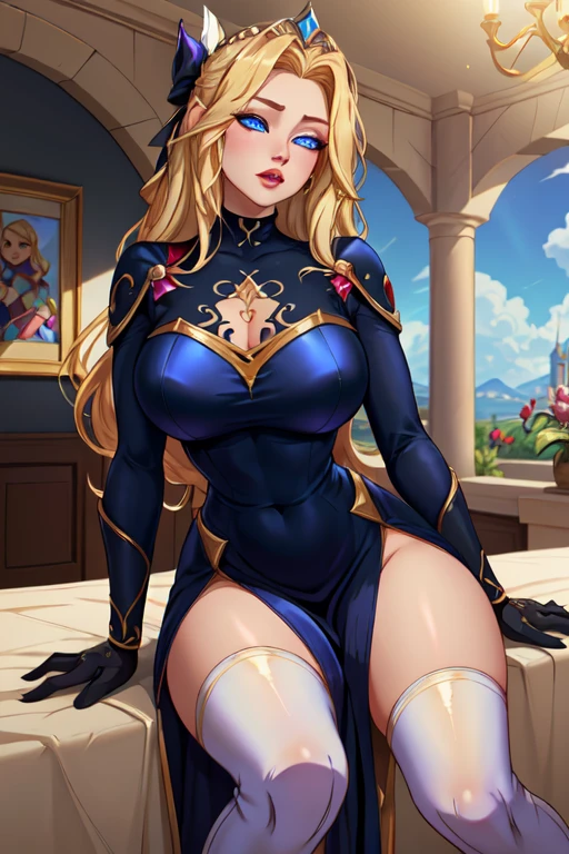 Lian, long blonde hair, long elf ears, hair stick, bangs, blue eyes, solo, smiling, standing, upper body, hips, bare shoulders,purple thighhighs,violet dress, gold jewelry,armor,gloves,circlet, cleavage, red and gold royal castle, gigantic breasts, (best quality, masterpiece, beautiful and aesthetic:1.2, highest detailed face, perfect face,) eyes, perfect face,expressive eyes,
looking at viewer, in the center of the image,(Upper_body),(Focus on her face),
official art,extremely detailed CG unity 8k wallpaper, perfect lighting,Colorful, Bright_Front_face_Lighting,shiny skin,
(masterpiece:1.0),(best_quality:1.0), ultra high res,4K,ultra-detailed