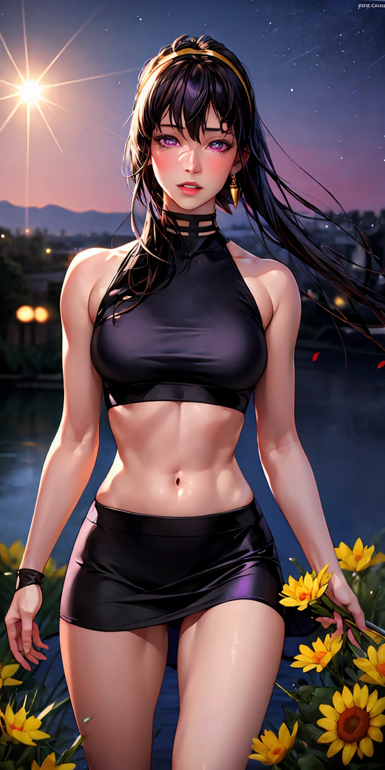 1 girl, solo, colorful, (masterpiece, best quality: 1.3), (absurd: 1.3), (photorealistic: 1.3), (skin detail: 1.3, detailed face: 1.3), looking at the viewer, delicate, beautiful cute girl, big high breasts, (thick thighs: 1.2, big ass: 1.6), (shiny skin: 1.4), light smile, (big_eyes: 1.2, pale purple eyes), grass, lake, (cloudy sky: 1.3), (rain: 0.5), dark purple tights, (((dark yellow clothes))), ((hair black and purple)), ultra-realistic, realism, photorealism, full-length, valerika steele, protruding buttons, panties, tall thin panties, no bra, ((stands cancer))