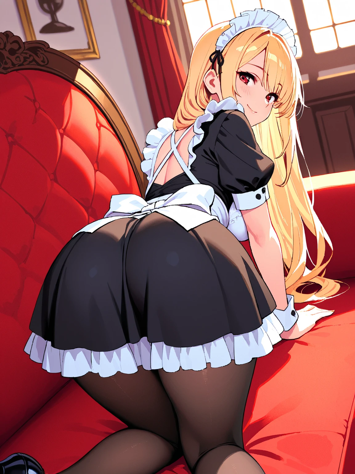 Beautiful long blonde　Embarrassing　Girl in black maid outfit　Long sleeve　Doggystyle PoV 　1boy, 1girl, penis　Tears are overflowing from my eyes