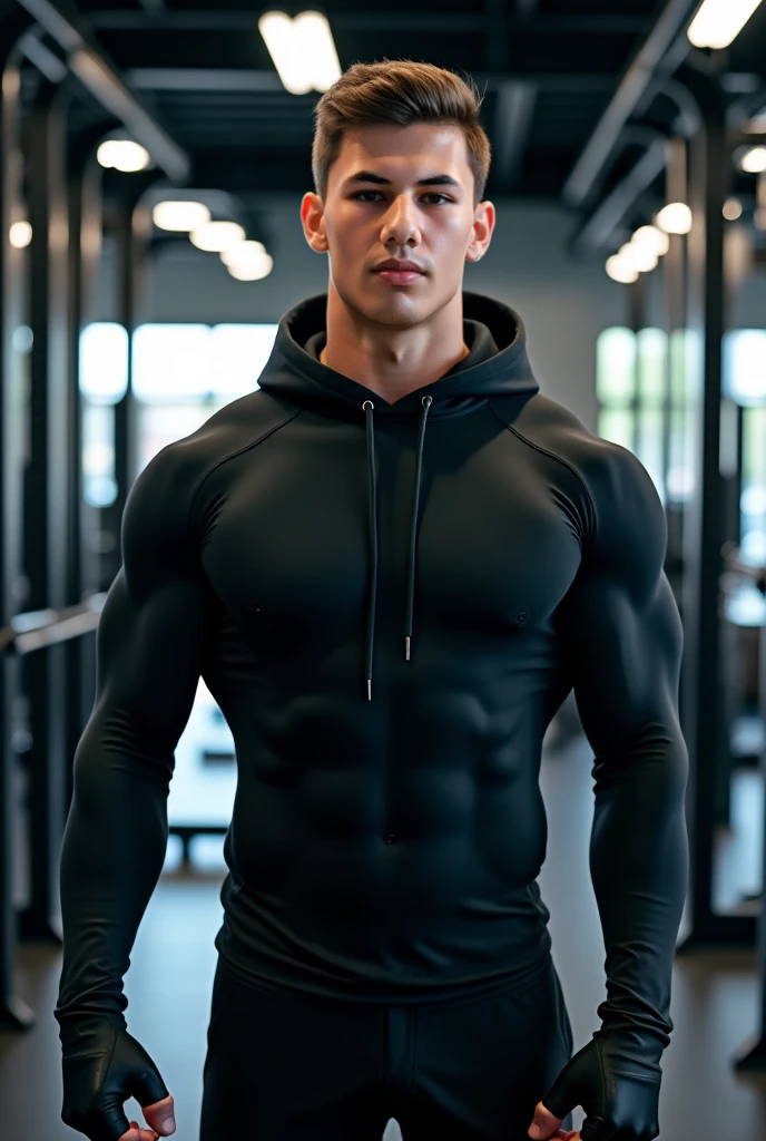 a very handsome young man, massively muscular, with massively large muscles, with massively large biceps, with massively large muscular arms, wearing a simple gray sweatshirt with long sleeves, lying on a hospital gurney on a black background, seen from above