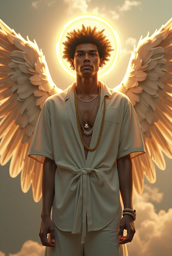 Black man with afro hair in beige clothes with angel wings