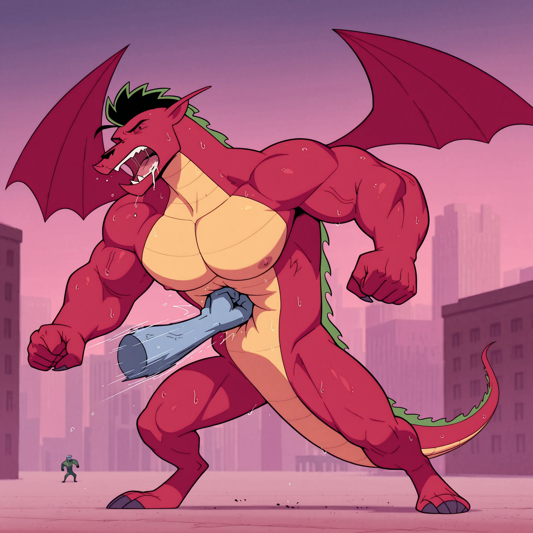 best quality, newest, absurdres, highres, (masterwork, masterpiece, best quality, hyper-detailed :1.3), fullbody, 1boy, solo, j4k3, dragon boy, matured, adult, athletic, (heavyweight:1):1, massive torso, broad shoulders, narrow waist, thick arms, massive forearms, black eyes, close up, hanging over fist, exhausted, wobbling, struggling, in pain, drooling, (sweaty), sweat:1, beaten, defeated, punched in the stomach, punched by floating transparent (fist), punching, motion_blur, belly punching