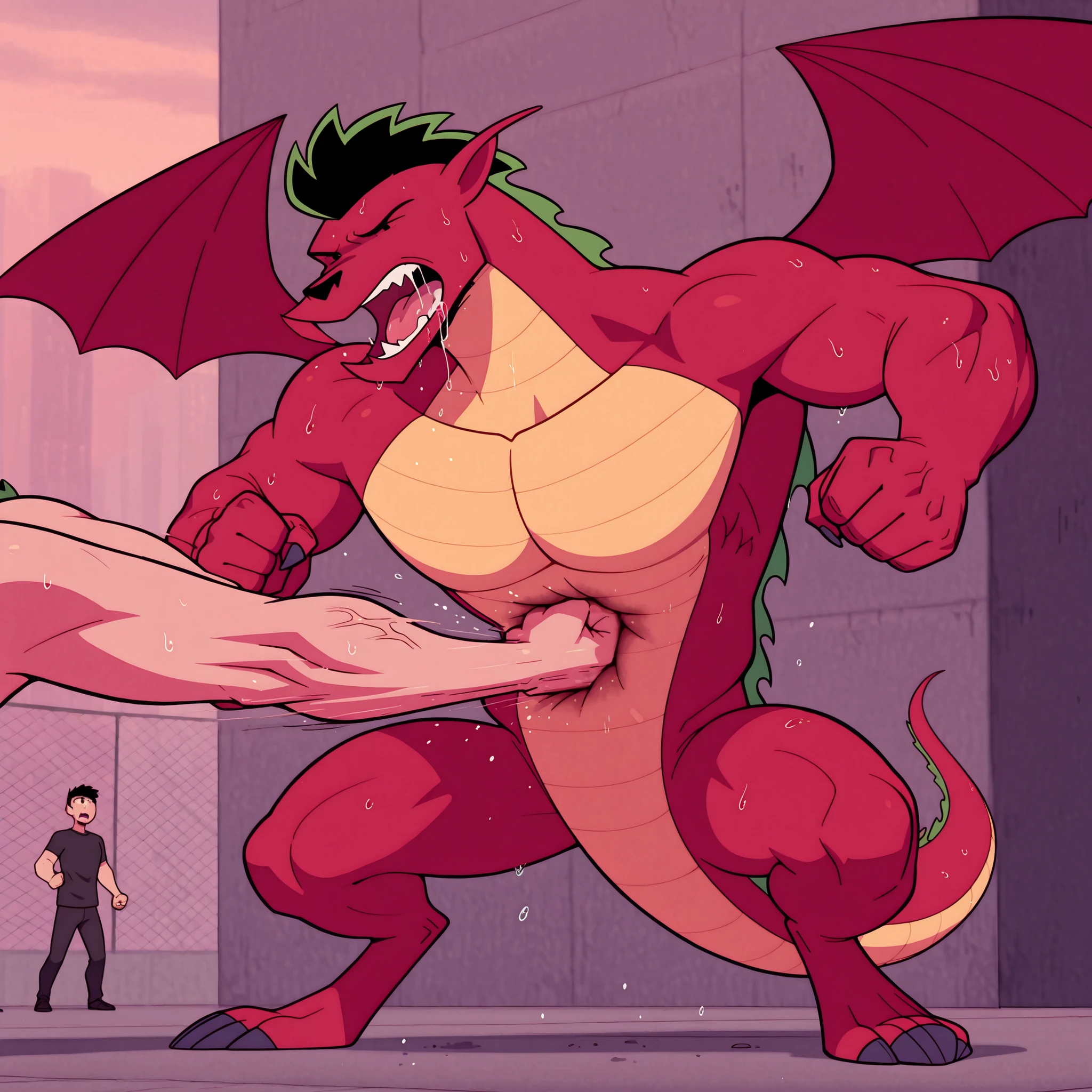 best quality, newest, absurdres, highres, (masterwork, masterpiece, best quality, hyper-detailed :1.3), fullbody, 1boy, solo, j4k3, dragon boy, matured, adult, athletic, (heavyweight:1):1, massive torso, broad shoulders, narrow waist, thick arms, massive forearms, black eyes, close up, hanging over fist, exhausted, wobbling, struggling, in pain, drooling, (sweaty), sweat:1, beaten, defeated, punched in the stomach, punched by floating transparent (fist), punching, motion_blur, belly punching