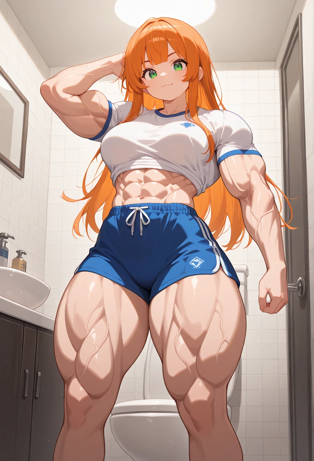 1 Futanari, penis longer than head, penis thicker than arm, penis is hard, penis halfway inside femboy ass, (((muscular toned body large breasts thick))), ginger hair, ponytail, big breast, big thighs, Blue eyes, bedroom, naked, squatting,squat,stretched( spread legs:1.2), arm support, full body, red face, embarrassed, 1 femboy naked, Futanari on femboy