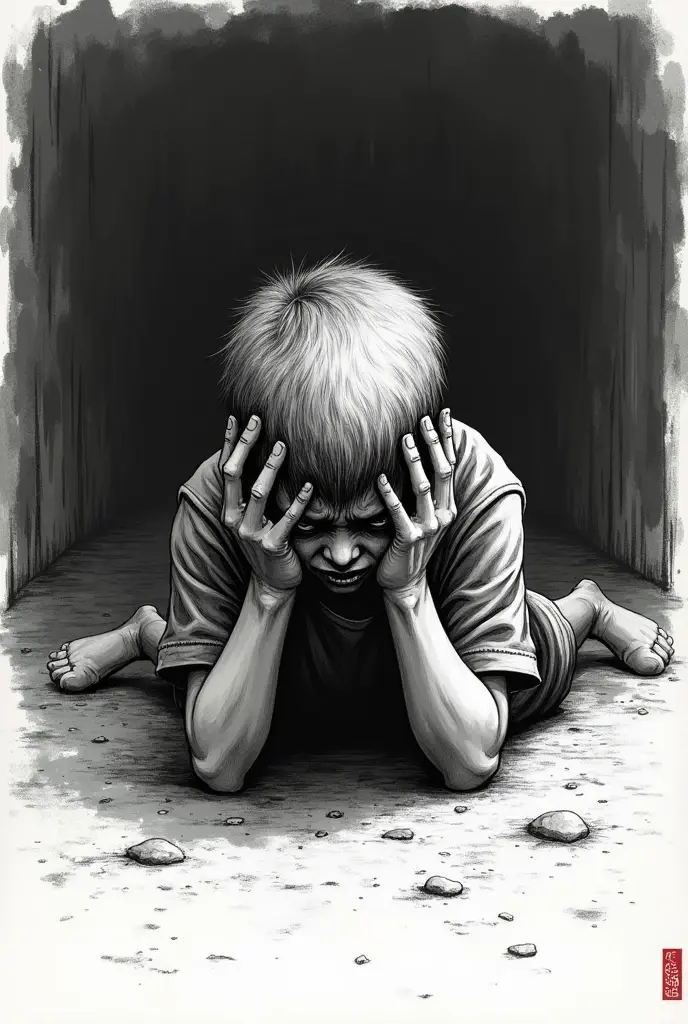 Boy in distressed sitting surrounded by words like "fear", "intimidation"and 
"silence"