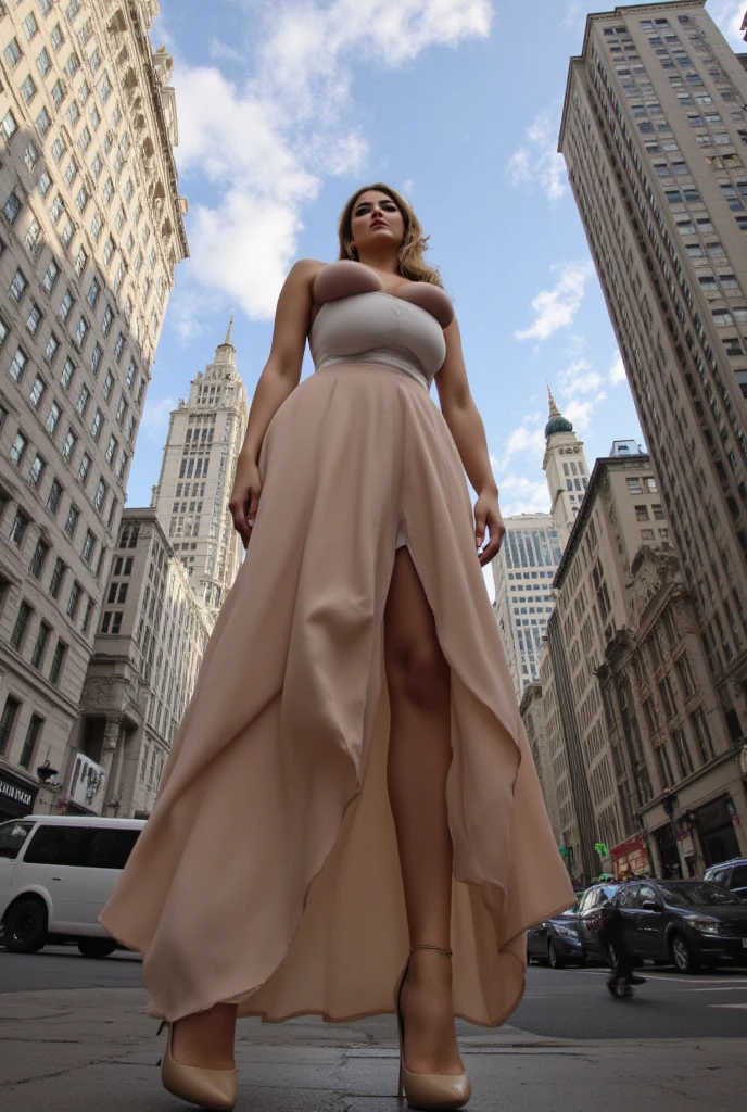 28 years old woman, ((full body)), ((nude)), blond, blue eyes, heavily armored in white color for fighting, beautiful chest, standing in New York city, with her legs spread apart, zoom in from front below