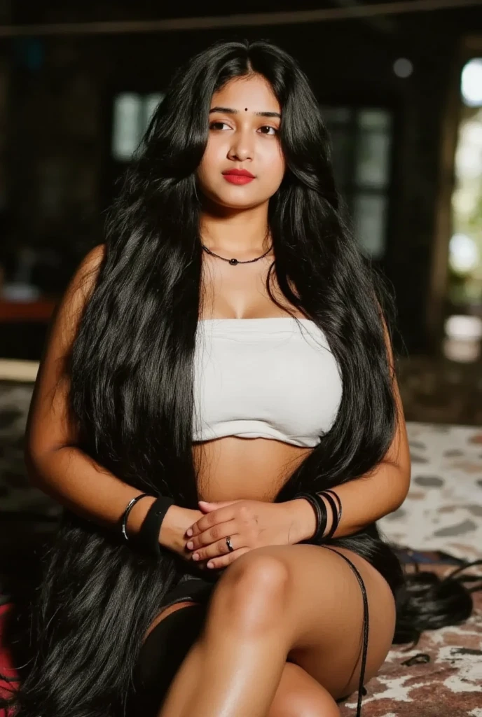 A realistic photo of a 21 year old Colombian girl with long, flowing black hair and striking dark eyes. She must have a curvy body, a natural and accessible expression. She wears a choker. Capture this image on a high-resolution camera using an 85mm lens for a flattering perspective.