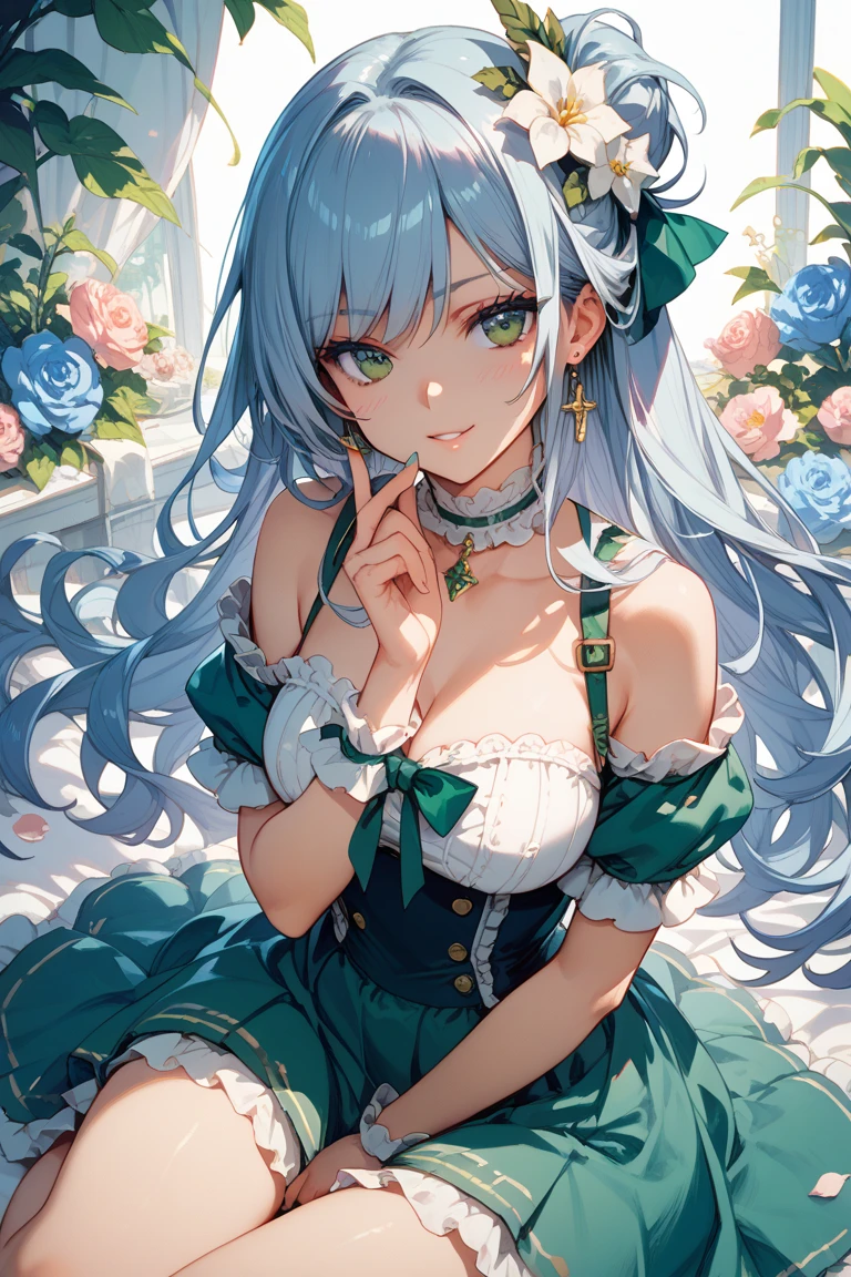 masterpiece, best quality, ultra-detailed, illustration, an extremely delicate and beautiful, 1girl, solo, five fingers,(Beautiful,large_Breasts),light smile,
<lora:lolita_dress_classic_1_v3:0.6>,lolita_dress,
(in the messy room:1.3),(cute interior:1.5),(pink room),window,kawaii room,canopy,frills,pink chair,(baldachin:1.5),(Foliage plant:1.2),(chesterfield chair:1.5),
light green hair,