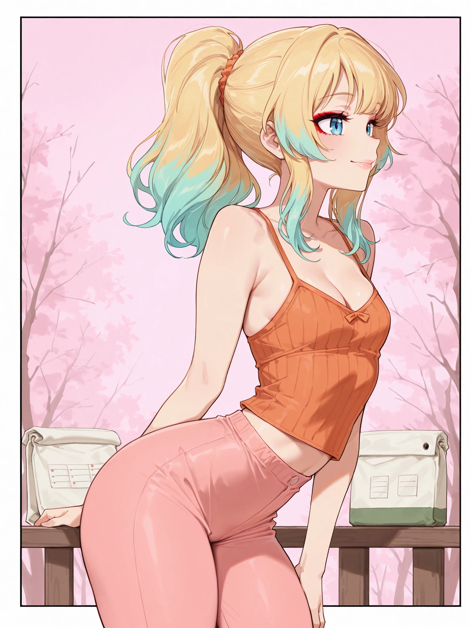 ((masterpiece)), (( best qulity )), ((highres, absurdities)), (( detailed)), anime, A girl, Alone, arched back, change, detailed face, thighs, small breasts, , , cleavage, Orange Camisole, pink pants, Ponytail, aquatic hair, , , head inclination, makeup, (Country background , borders pink background), lips, not, , smile, , looking at the spectator, (side lighting) , (Sampler:::Euler has), , ,