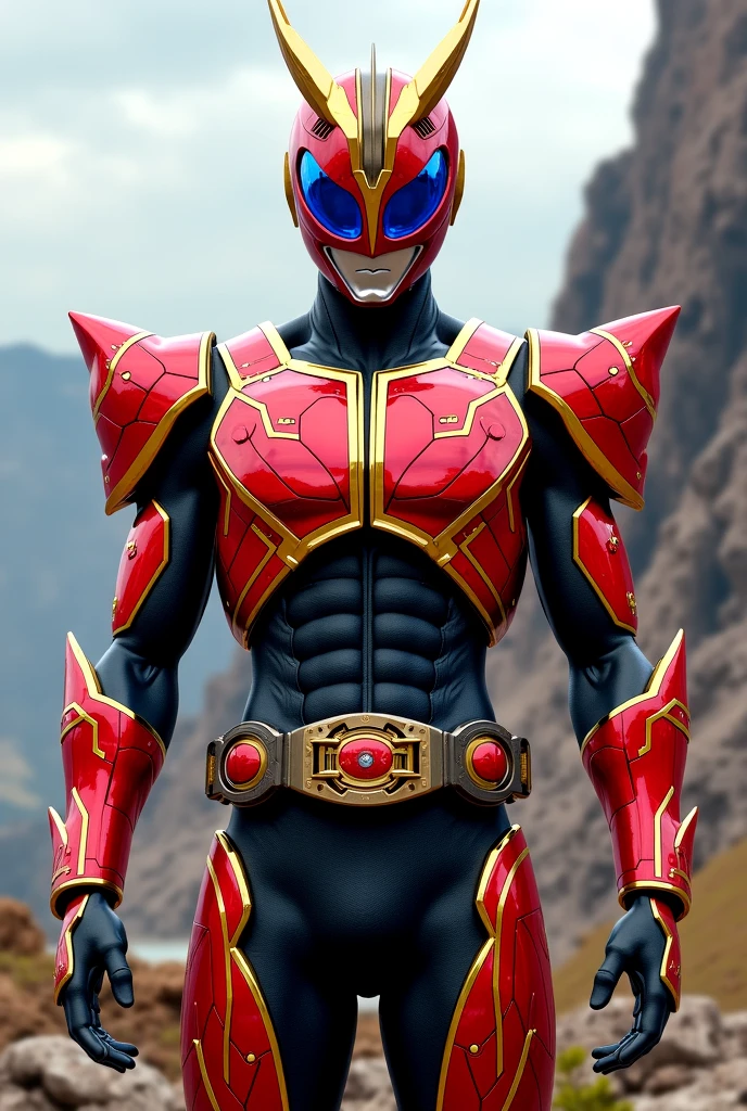 Create a Kamen Rider whose armor is based on an ice dragon and a fire phoenix with a red transformation belt with two small tubes on the side of the buckle.. With simple style and grey base color, but with red and light blue details.