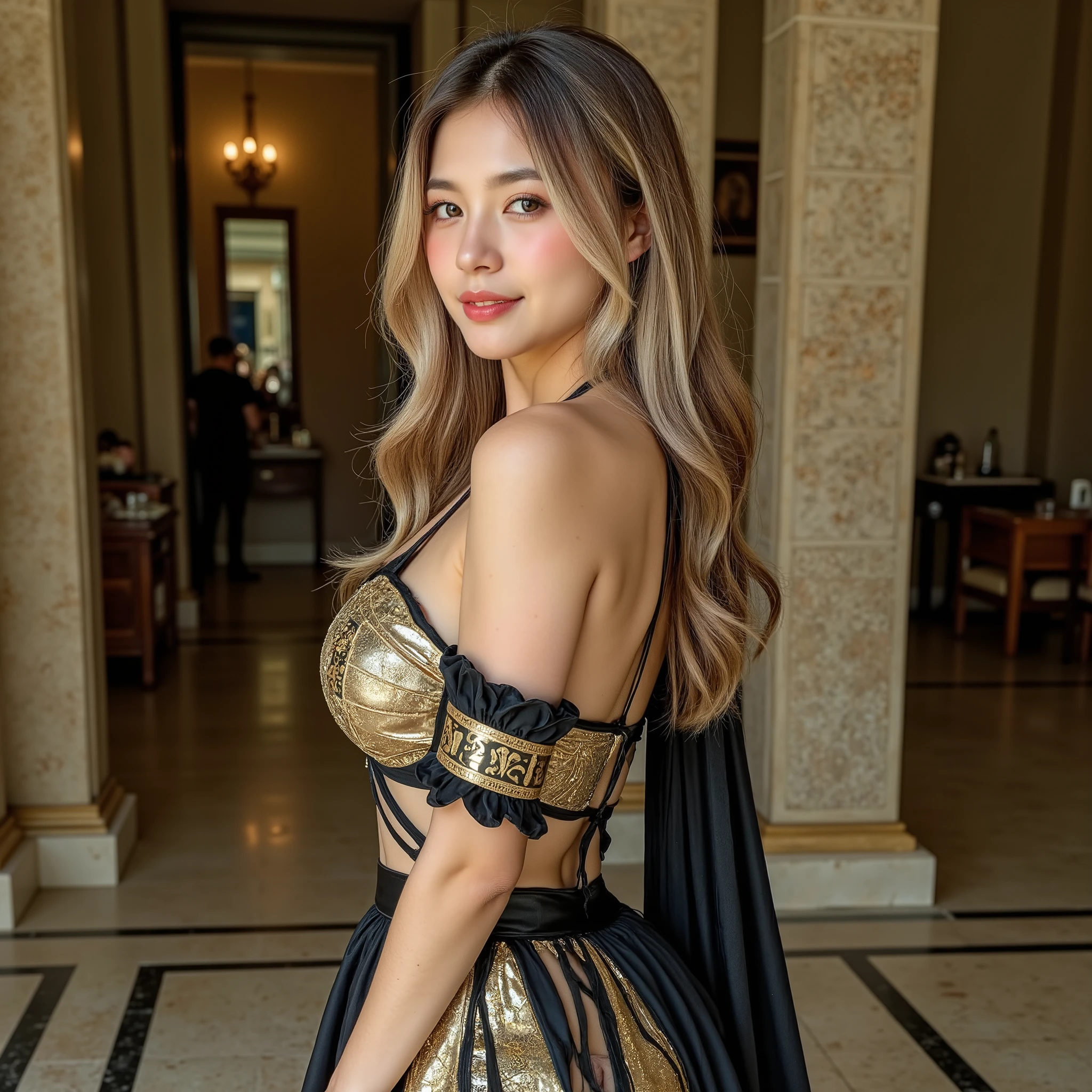  in the style of pharaohs and ancient egypt: full body shot, realistic photography photo of a pharaoh woman with long, wavy blond hair and flawless skin, makeup, red lipstick, small smile, slender body, ultra detailed face, looking at viewer, blush, depth of field, highly detailed,  looking at the right side , ((show full body: 1.3)), 
Realistic side shot photo of an attractive blond woman. She is wearing a see-through loose-fitting, elegantly embroidered pharaoh-style gown in shiny gold and dark silky black, but her posture betrays unease, wearing transparent hijab. She is posed in sexual pose, looking away at the right side with a gentle expression. Light skin tone. Soft, even lighting. High detail, photorealistic.