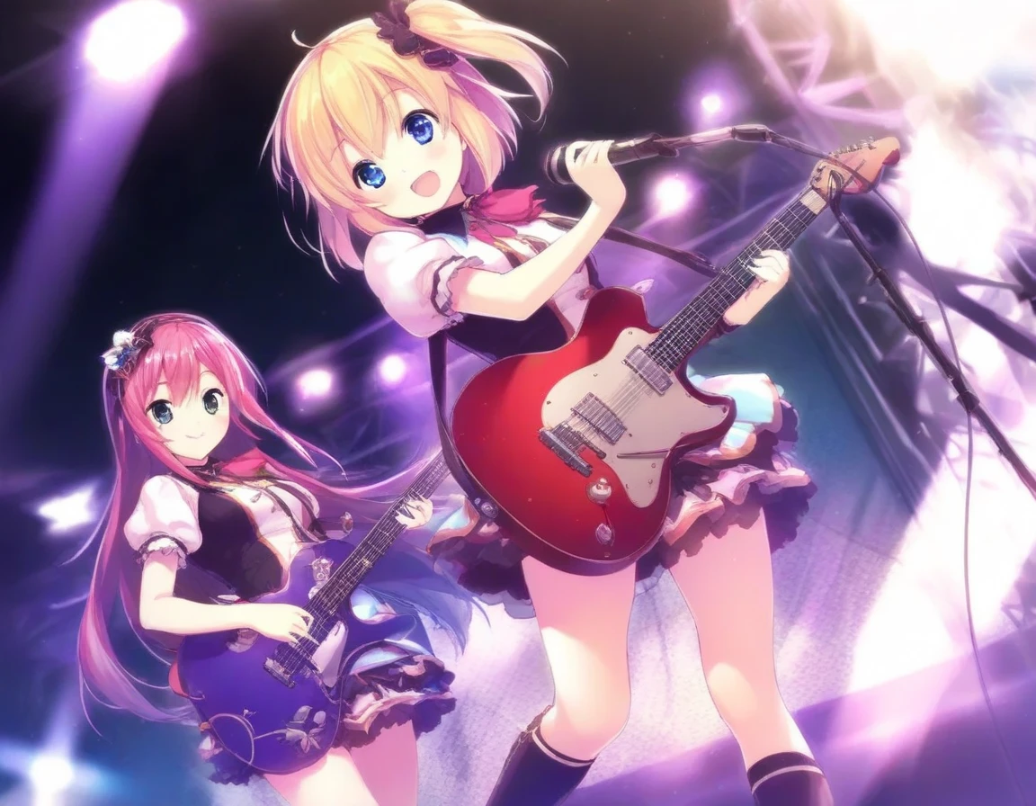 JK, anime girl band、2 girls、electric guitar、 happy expression 、 Rock Band、on stage、Resplendent lighting、top quality、8k、high definition、masterpiece、Ultra-detailed