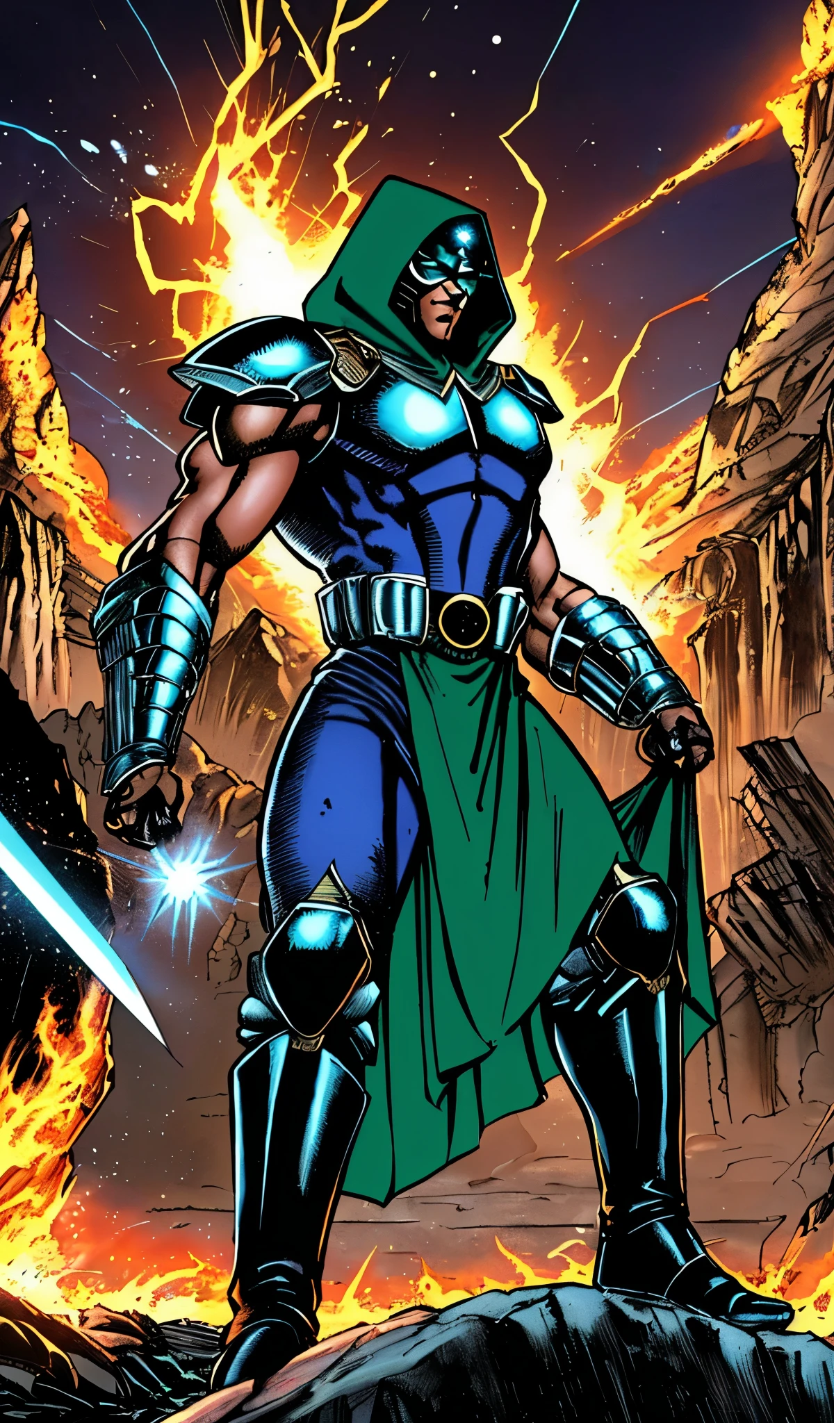 Drawn in 80’s anime art style.
Retro anime. Vintage Anime. Classical Anime.
The outfit is a highly recognizable and iconic superhero suit, primarily black and a little green, designed for both style and functionality. Here’s a detailed breakdown of its elements:
This person’s combat attire is a fusion of medieval warlord aesthetics, cutting-edge technology, and dark sorcery. He wears a cold, expressionless metal mask fused to his scarred face, paired with a reinforced helmet for added protection. His titanium alloy armor, sometimes infused with vibranium, grants superhuman strength, energy projection, and force field generation, making him nearly indestructible. Over this, he dons a fire-resistant green cloak and hood, often enchanted for extra defense. His gauntlets and boots contain built-in electrical weapons, jet propulsion for flight, and shock-absorption systems. A utility belt holds advanced gadgets, anti-magic tools, and teleportation devices, while his armor is infused with sorcery, allowing him to resist and counter magical attacks. His regal golden clasps, bearing the Latverian insignia, sometimes function as power sources or communication devices. This fearsome combination of strength, science, and sorcery makes them an unstoppable force on the battlefield.
This outfit not only provides protection but also enhances the Superhero’s combat capabilities, making them an effective and stylish anti-hero.