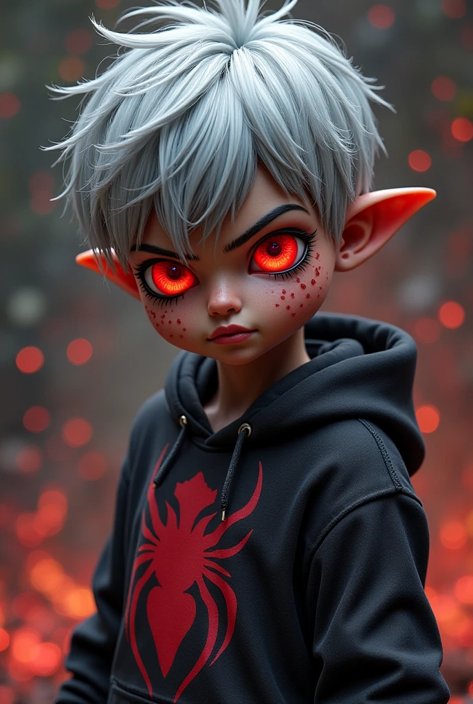 Generate me an image of a 9 boy with red skin and a red scar, Star Wars style black cape glasses and Disney Pixar style